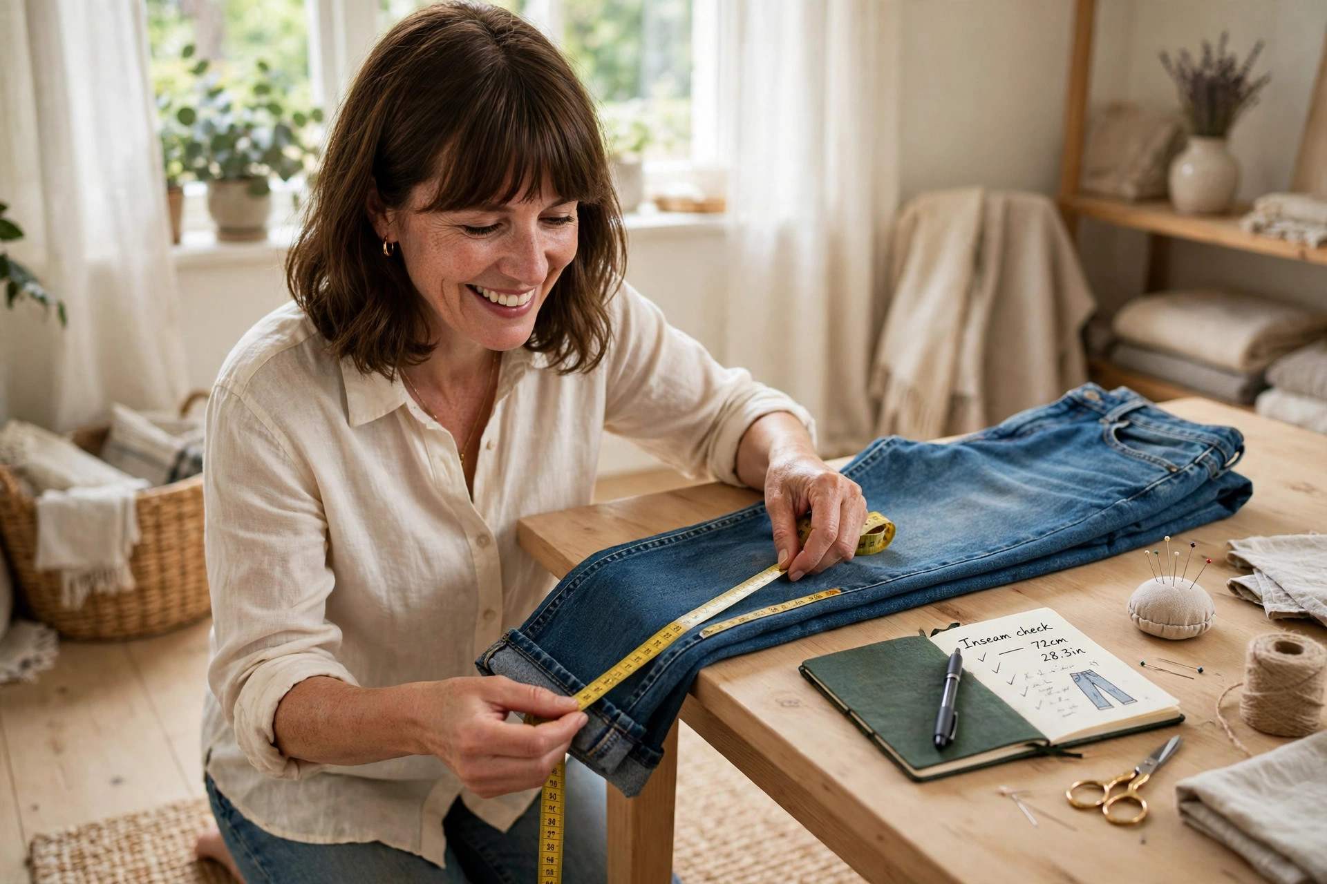 Petite woman measuring the inseam of a folded pair of jeans with a fabric tape measure on a table