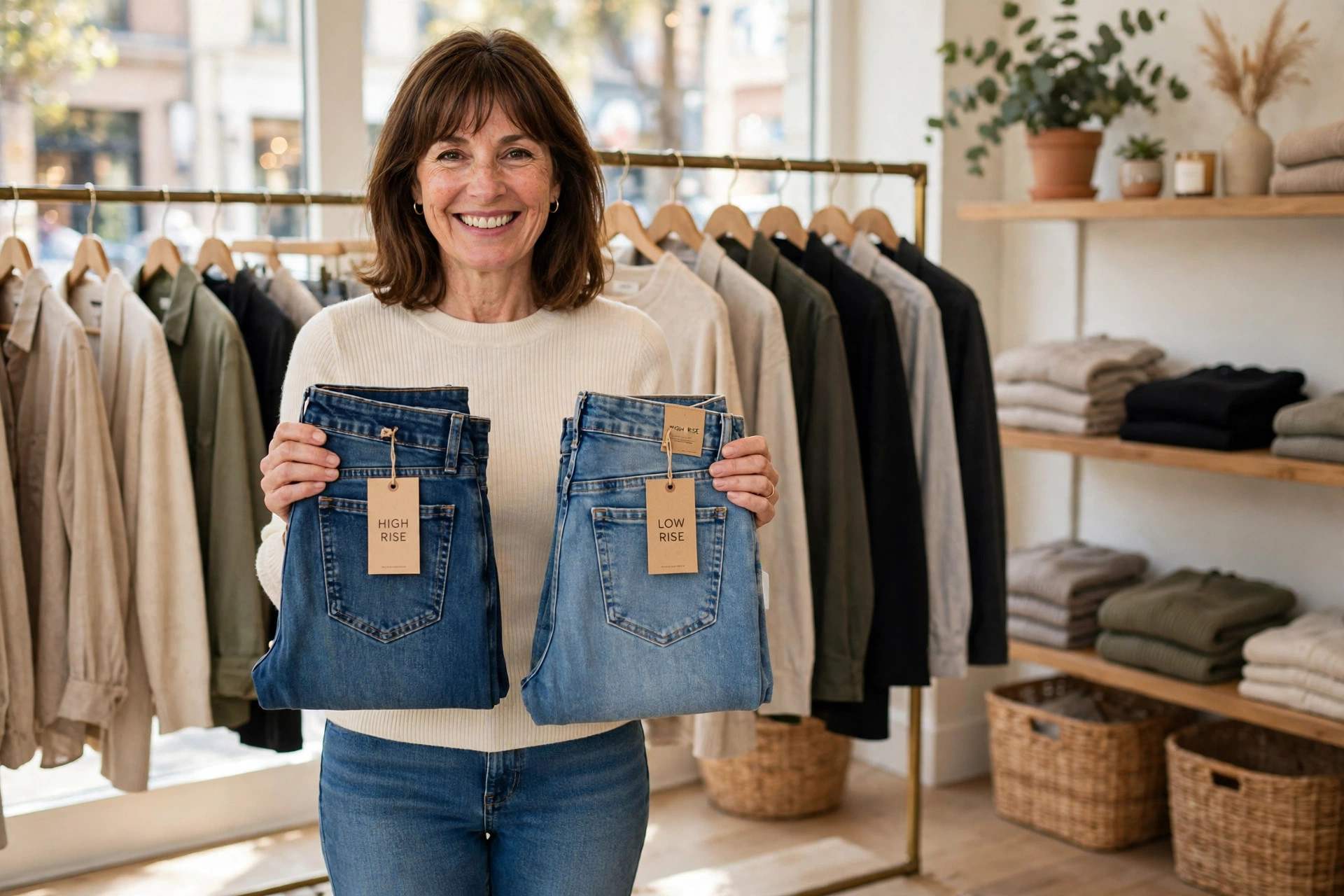 Petite woman comparing a high-rise and a low-rise pair of jeans side by side in a clothing store
