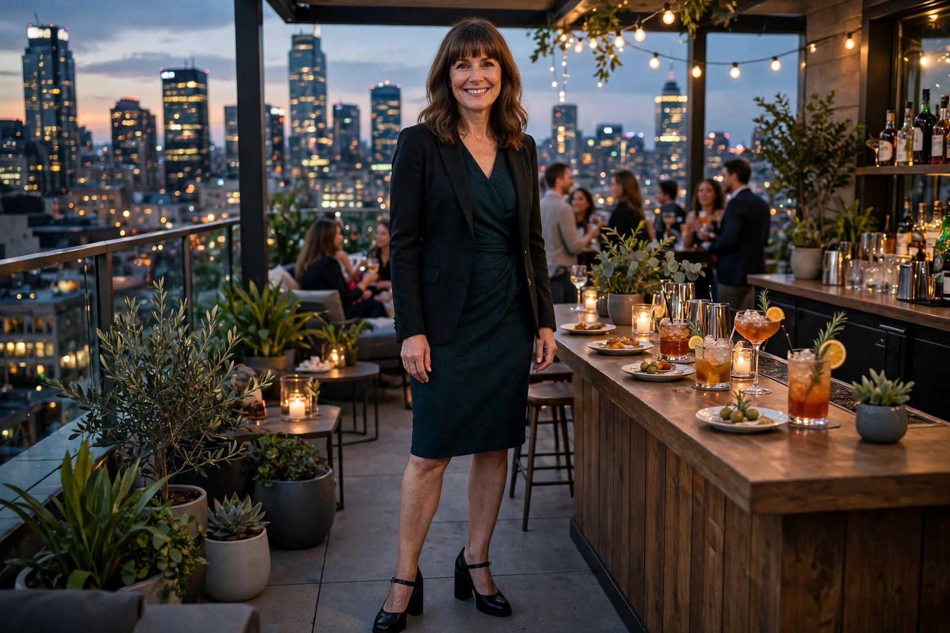Woman wearing an above the knee dark green dress with a black blazer and block heels at a rooftop cocktail bar