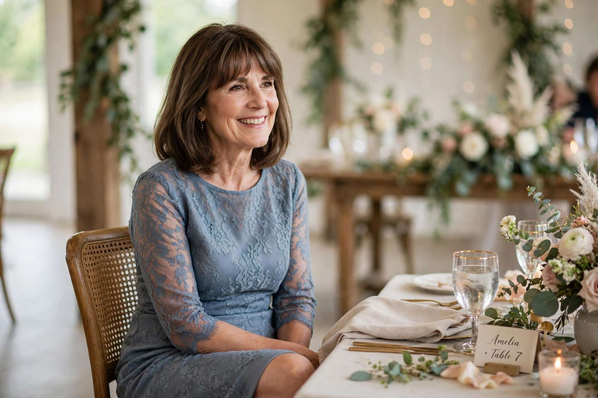 Woman in a knee length blue lace dress sitting comfortably at a wedding reception table, showing how a hemline behaves during the sit test