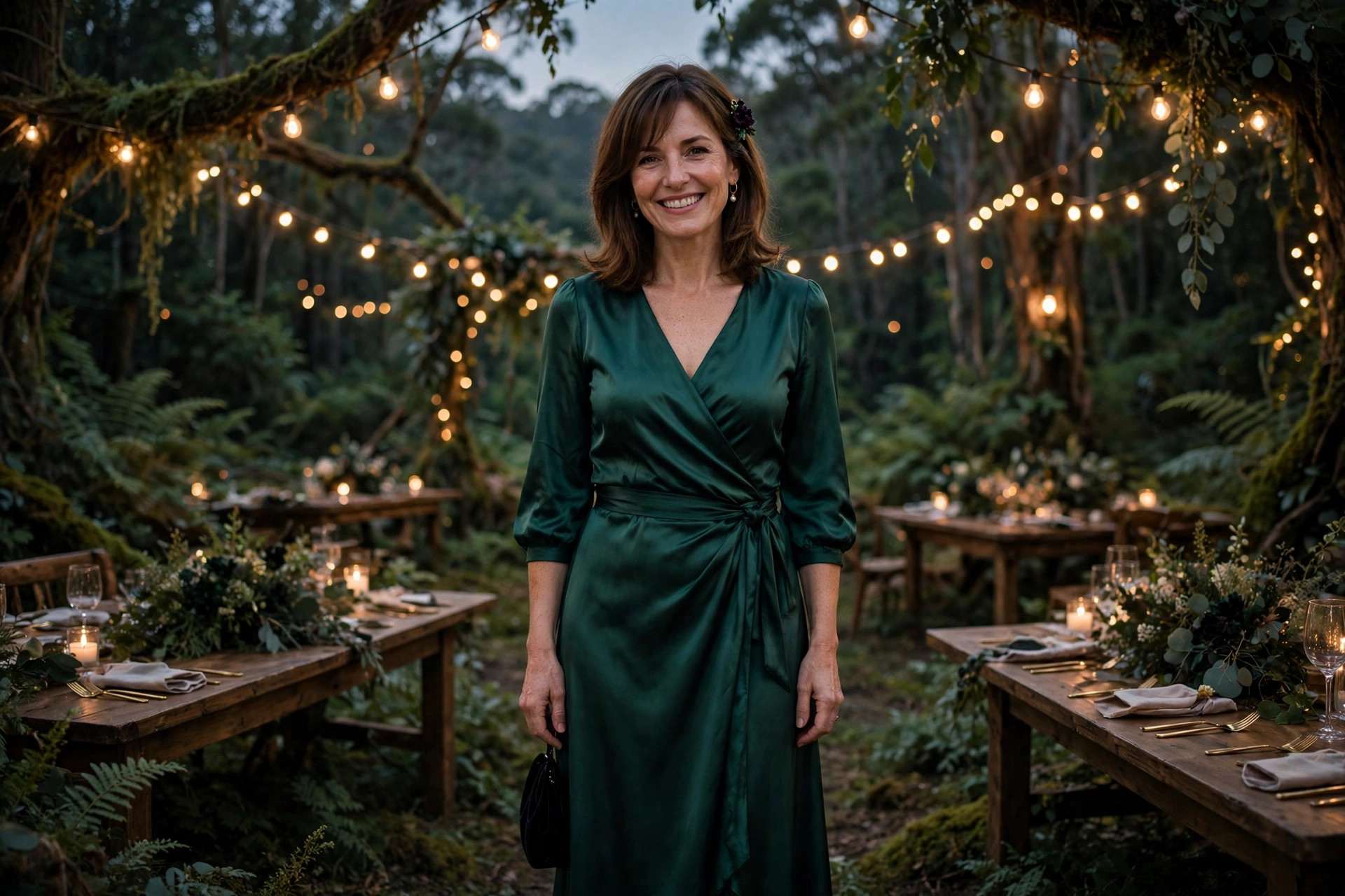 Wedding guest in an emerald green satin wrap dress with a dark floral hair pin at an enchanted forest themed wedding reception with string lights