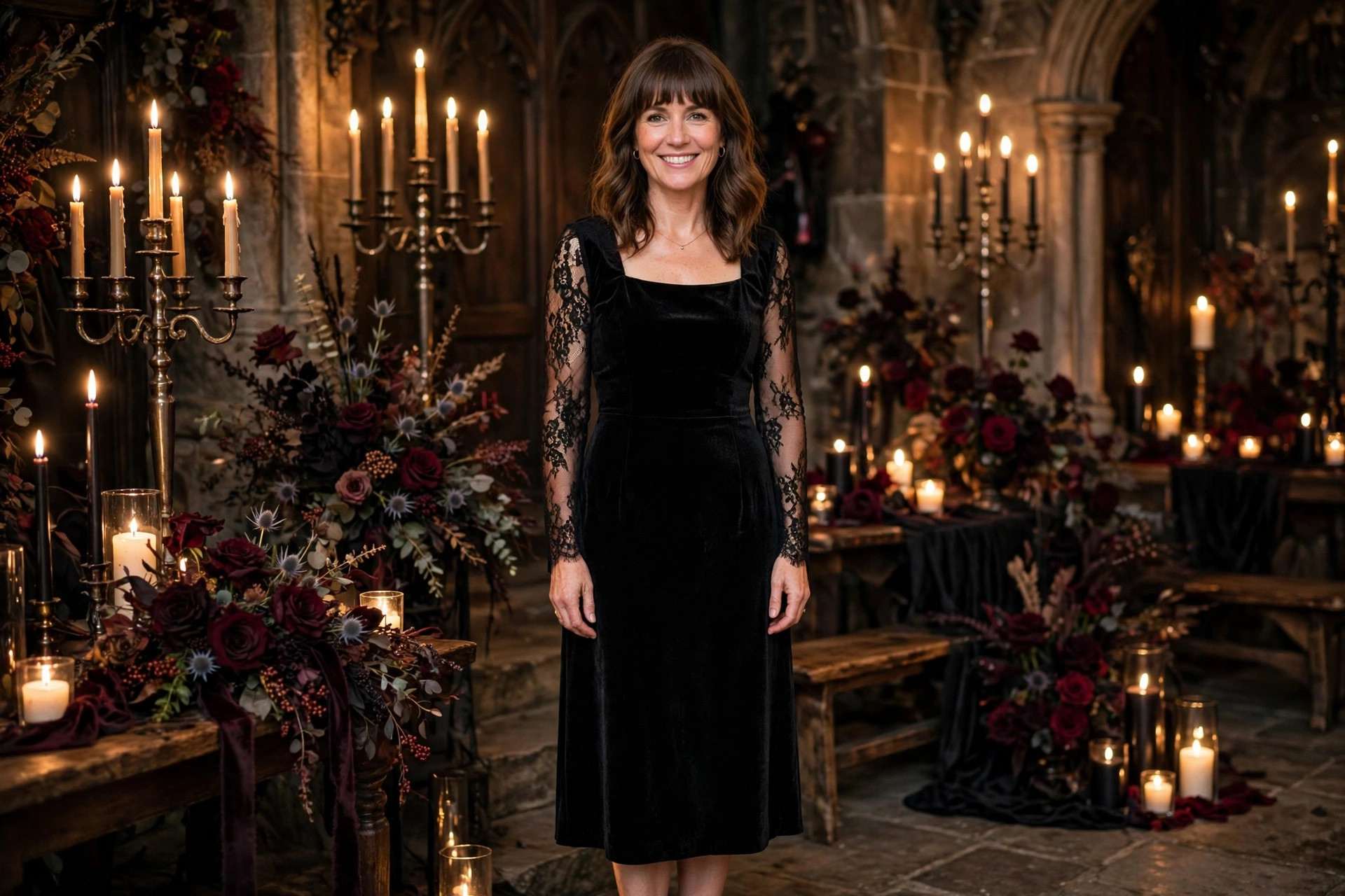 Wedding guest wearing a black velvet midi dress with lace sleeves at a candlelit gothic themed wedding with burgundy roses, an example of themed wedding guest outfits