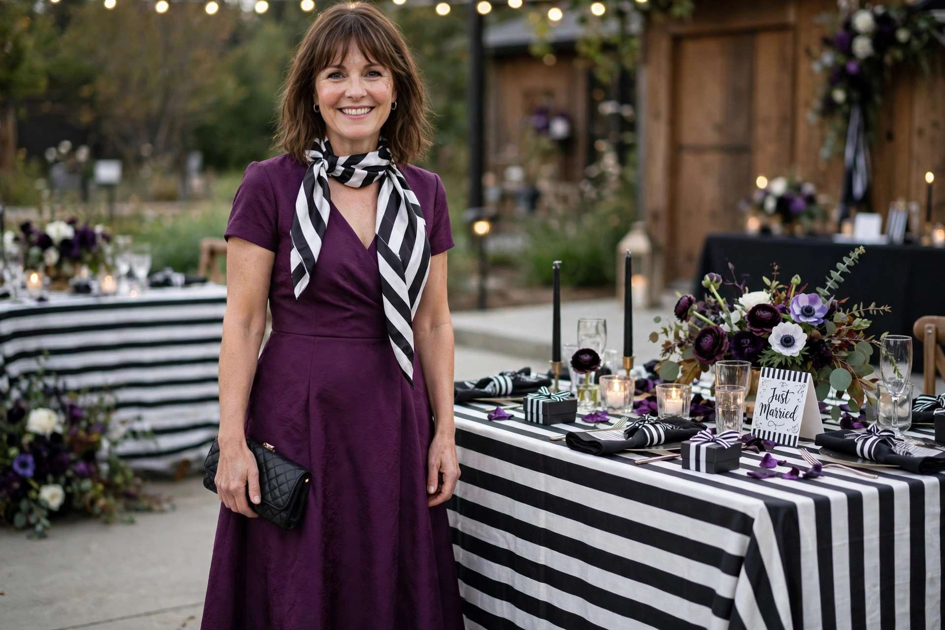 Wedding guest in a plum dress with a black and white striped scarf beside a striped reception table at a Beetlejuice style themed wedding