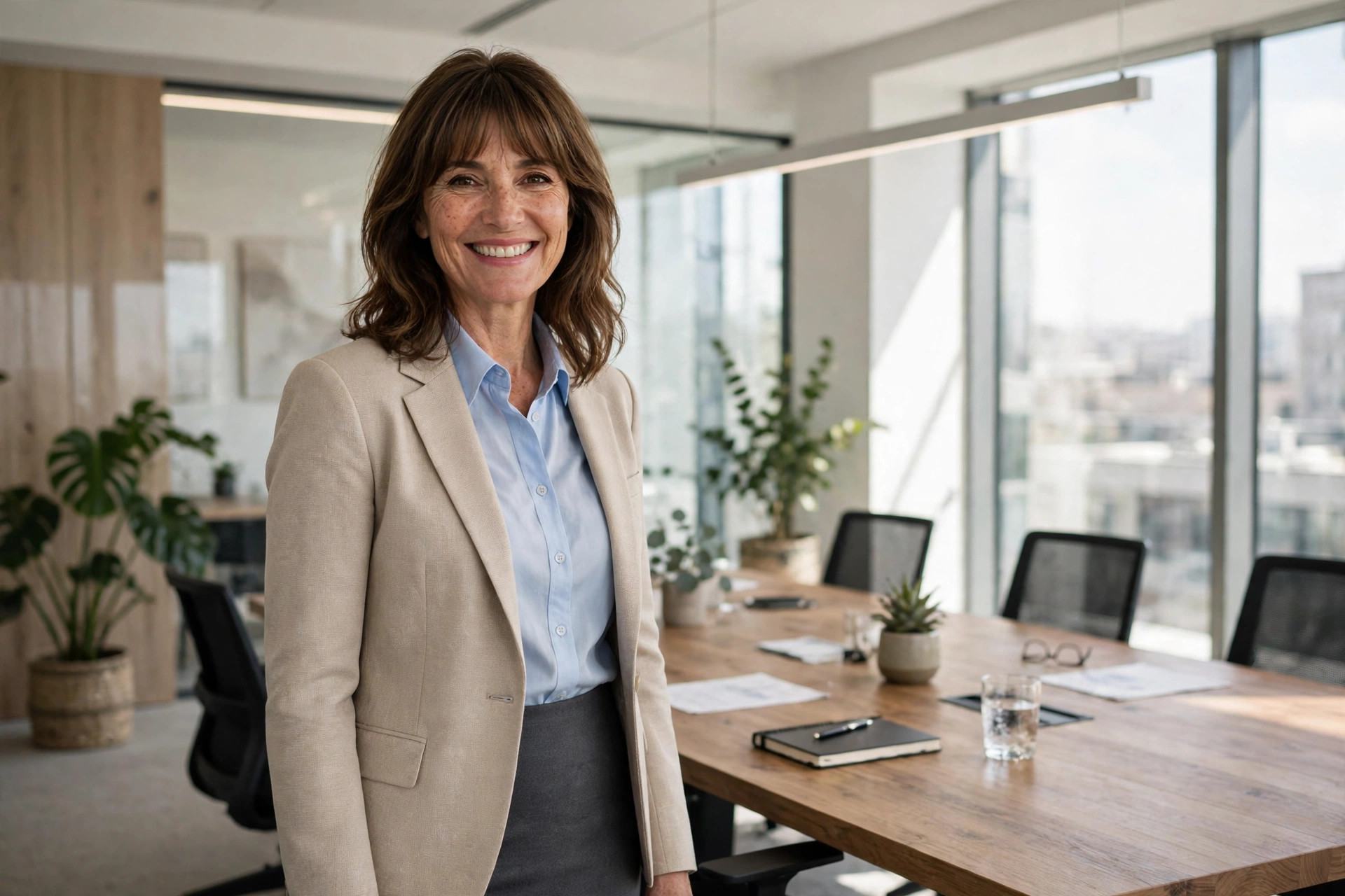 Smiling woman wearing a light blue button-up shirt under a beige blazer with a charcoal pencil skirt in an office meeting room