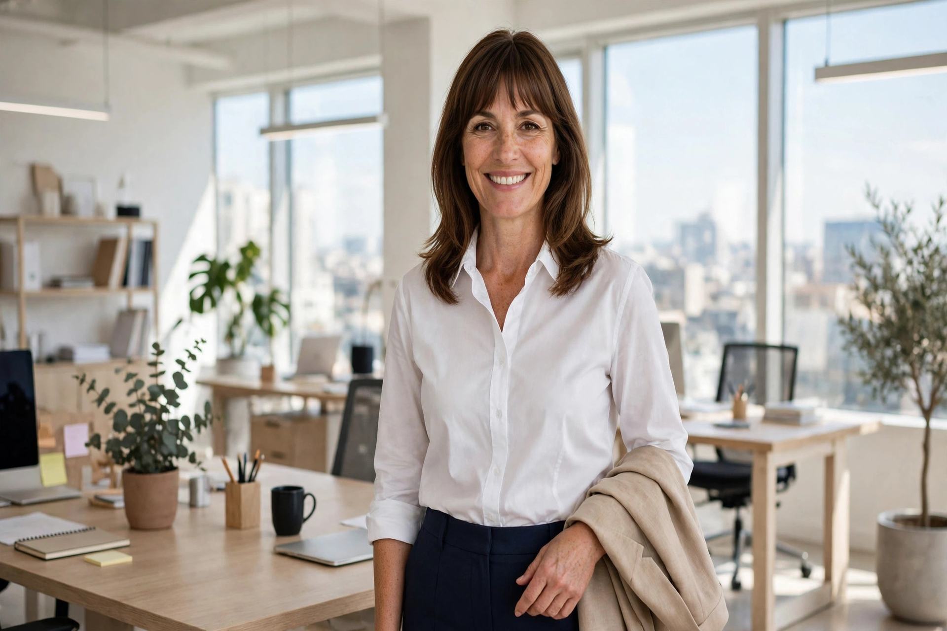 Smiling woman in a button up shirt office outfit, white shirt tucked into navy trousers with a beige blazer over her arm, standing in a bright modern office