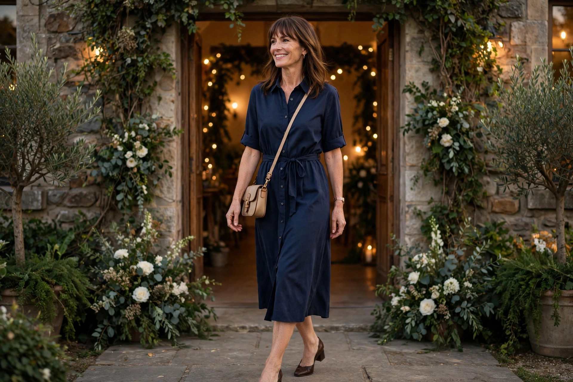 Woman in a navy button-front shirt midi dress with a tie waist and low block heels at a wedding venue entrance