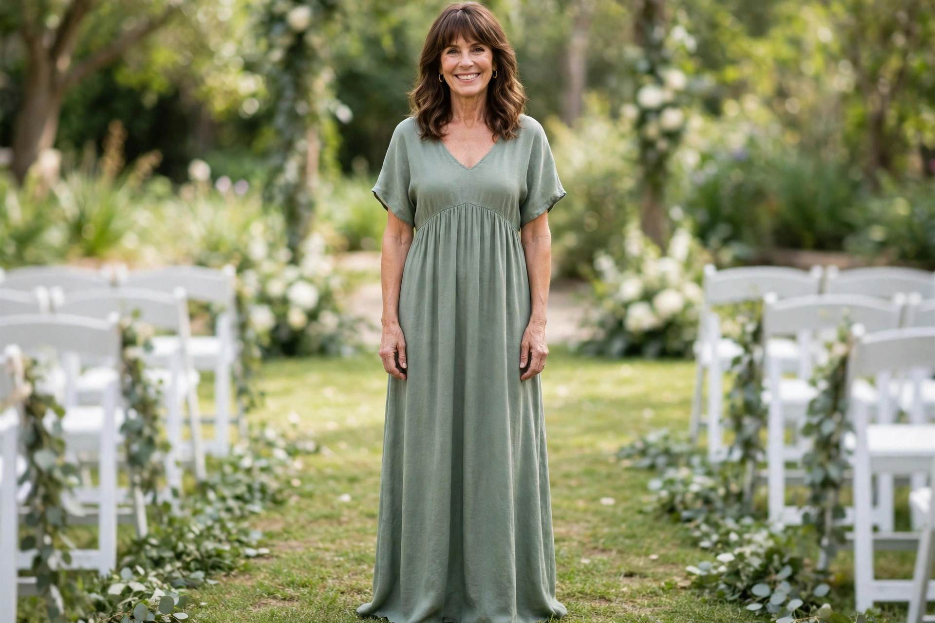 Woman in a sage green empire waist maxi dress with a soft V neckline at a garden wedding