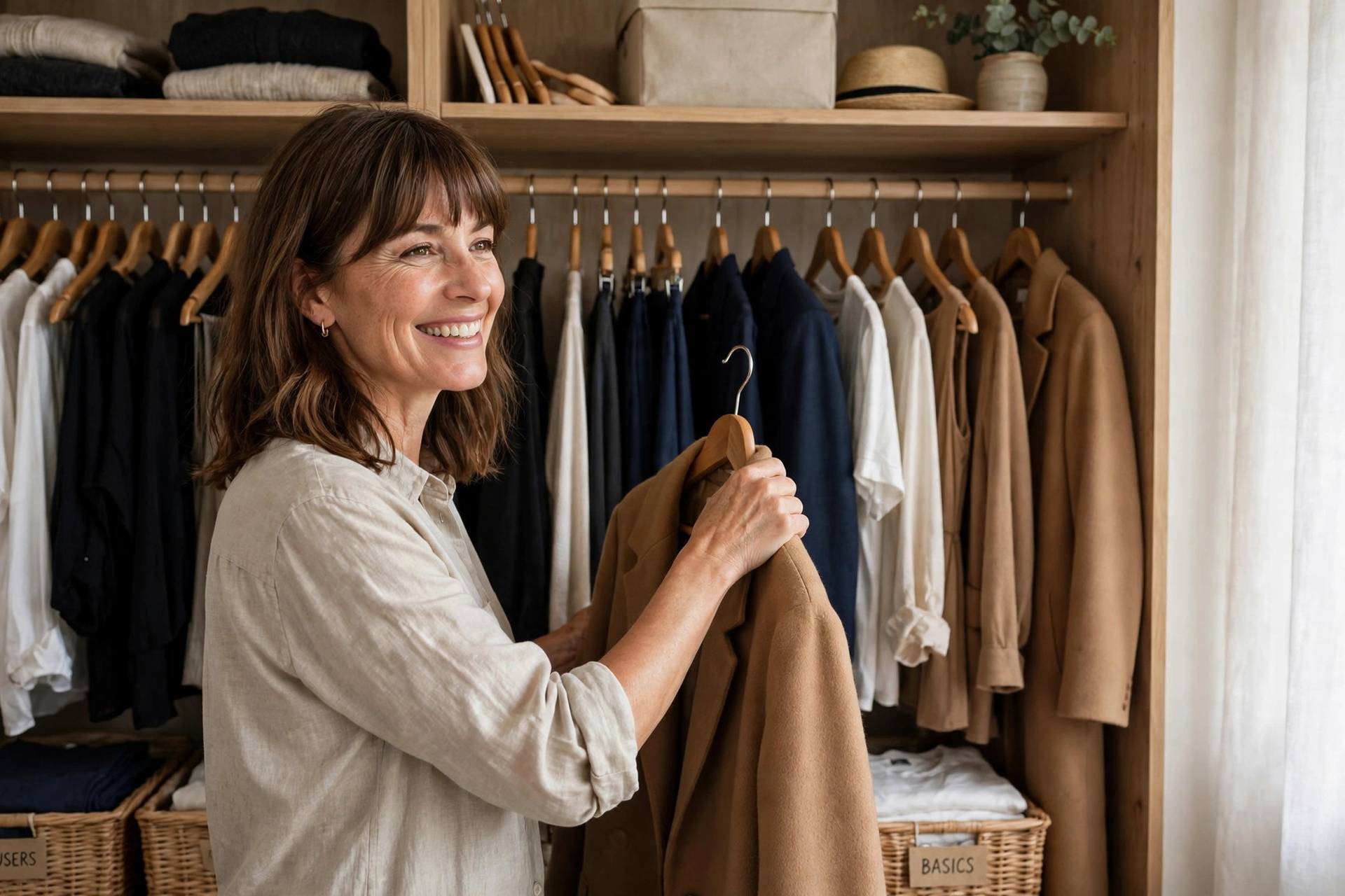Woman organizing a capsule wardrobe closet with neatly hung neutral tops, trousers, and dresses in white, black, navy, and camel