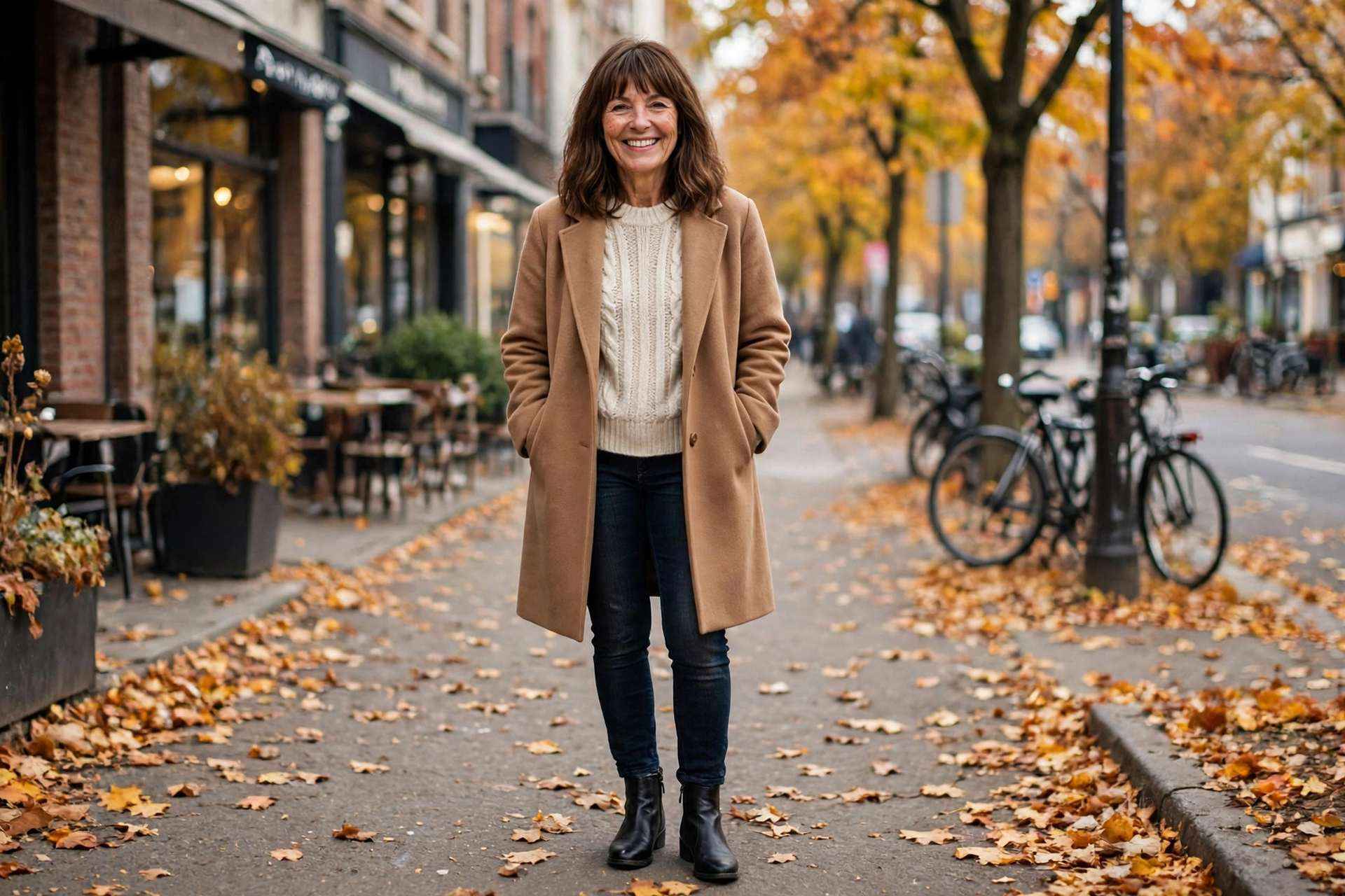 Woman in a fall capsule wardrobe outfit, camel coat over a cream knit sweater with dark jeans and ankle boots, standing outdoors