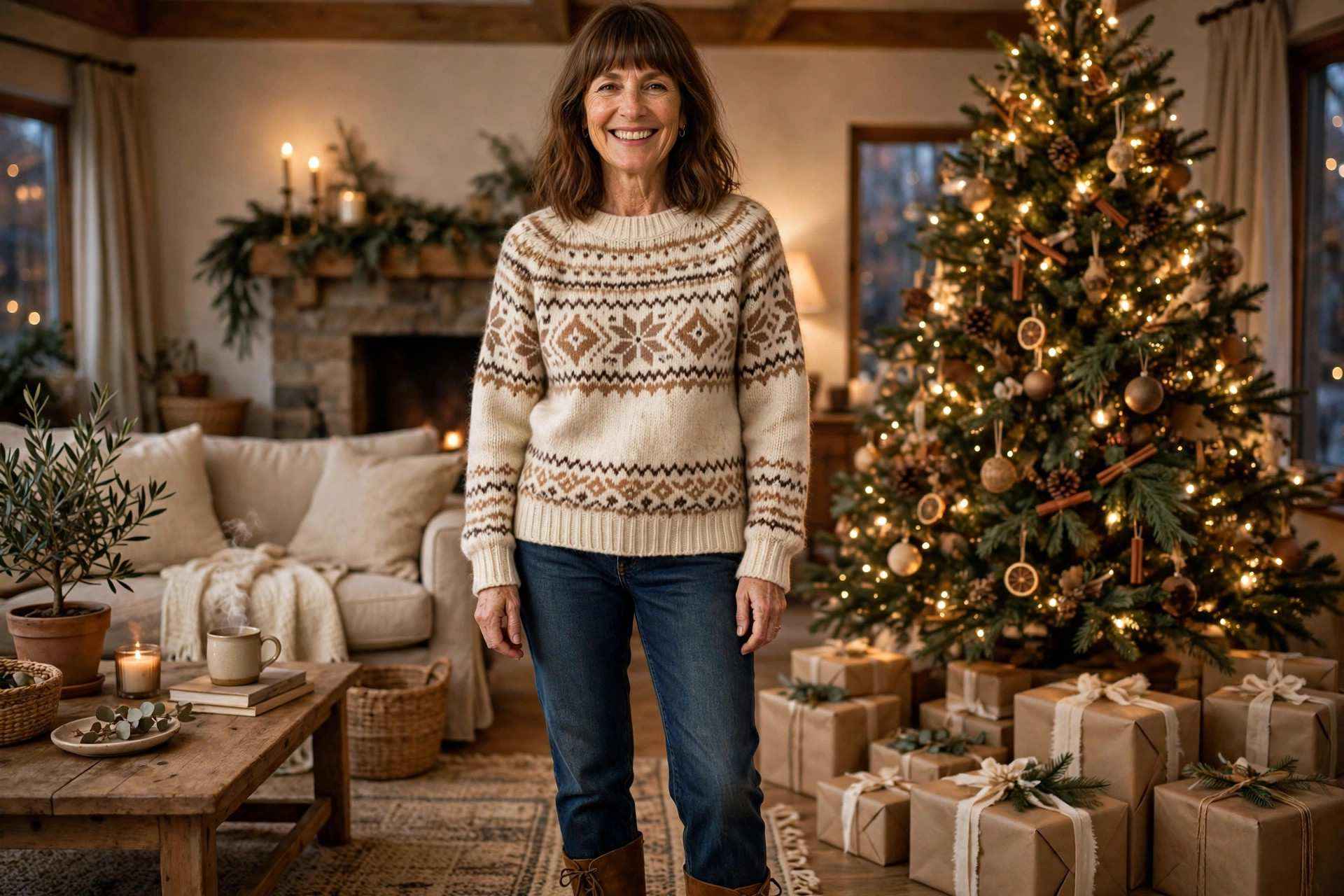Smiling woman in a cream Fair Isle sweater and dark jeans at a casual Christmas party at home
