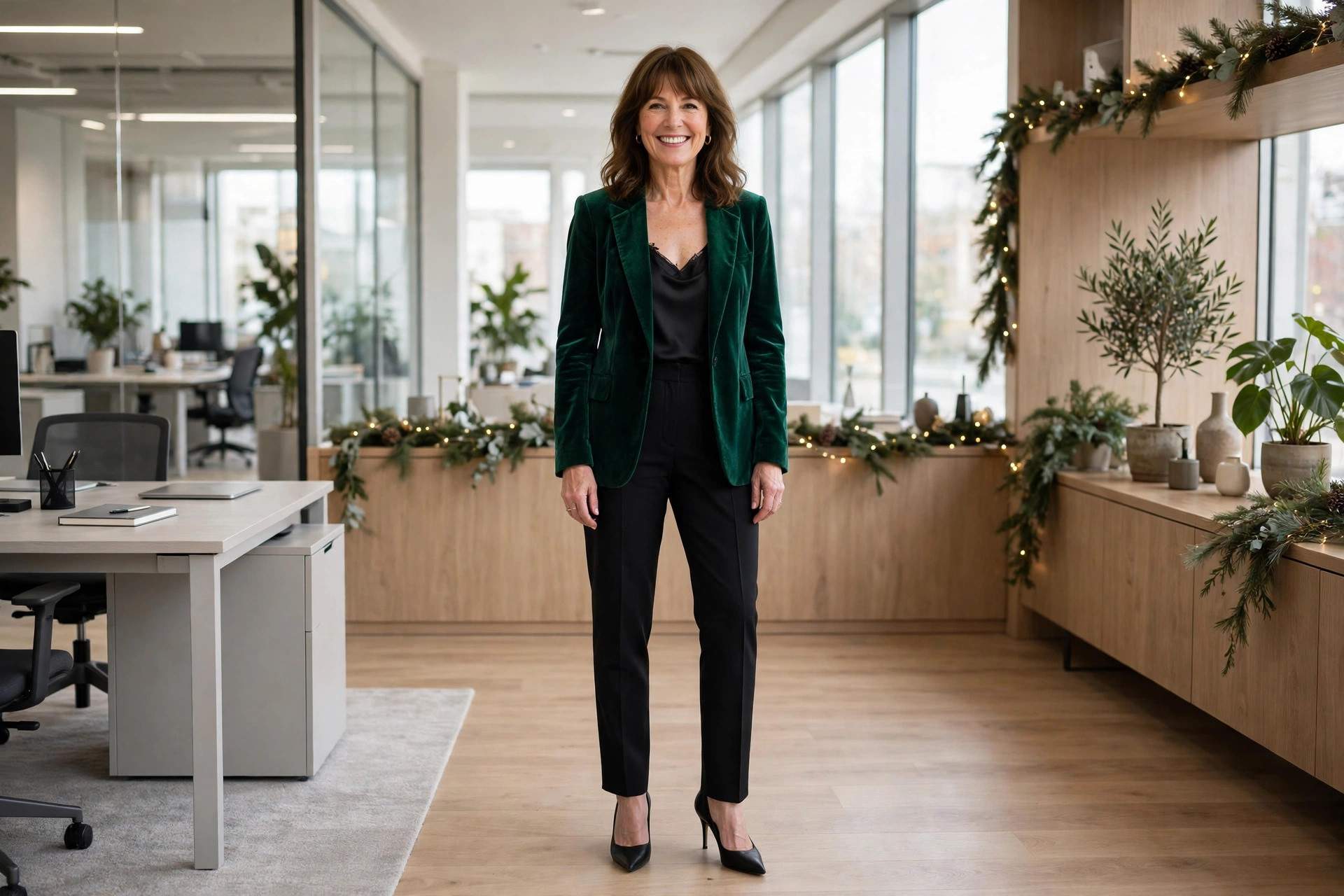 Smiling woman in an emerald green velvet blazer with black trousers at an office Christmas party
