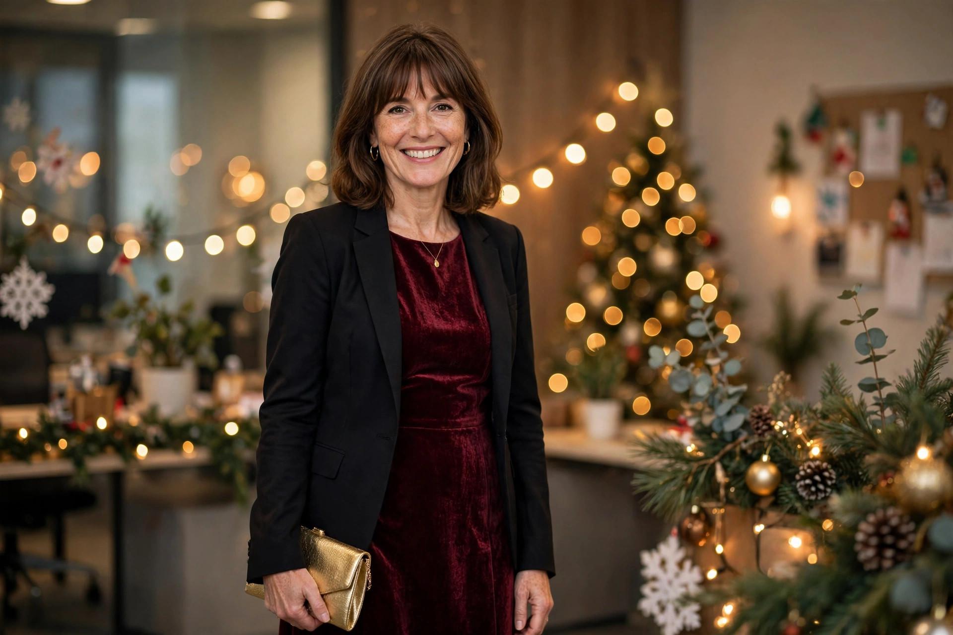 Smiling woman in a work Christmas party outfit, burgundy velvet midi dress with a black blazer and gold clutch