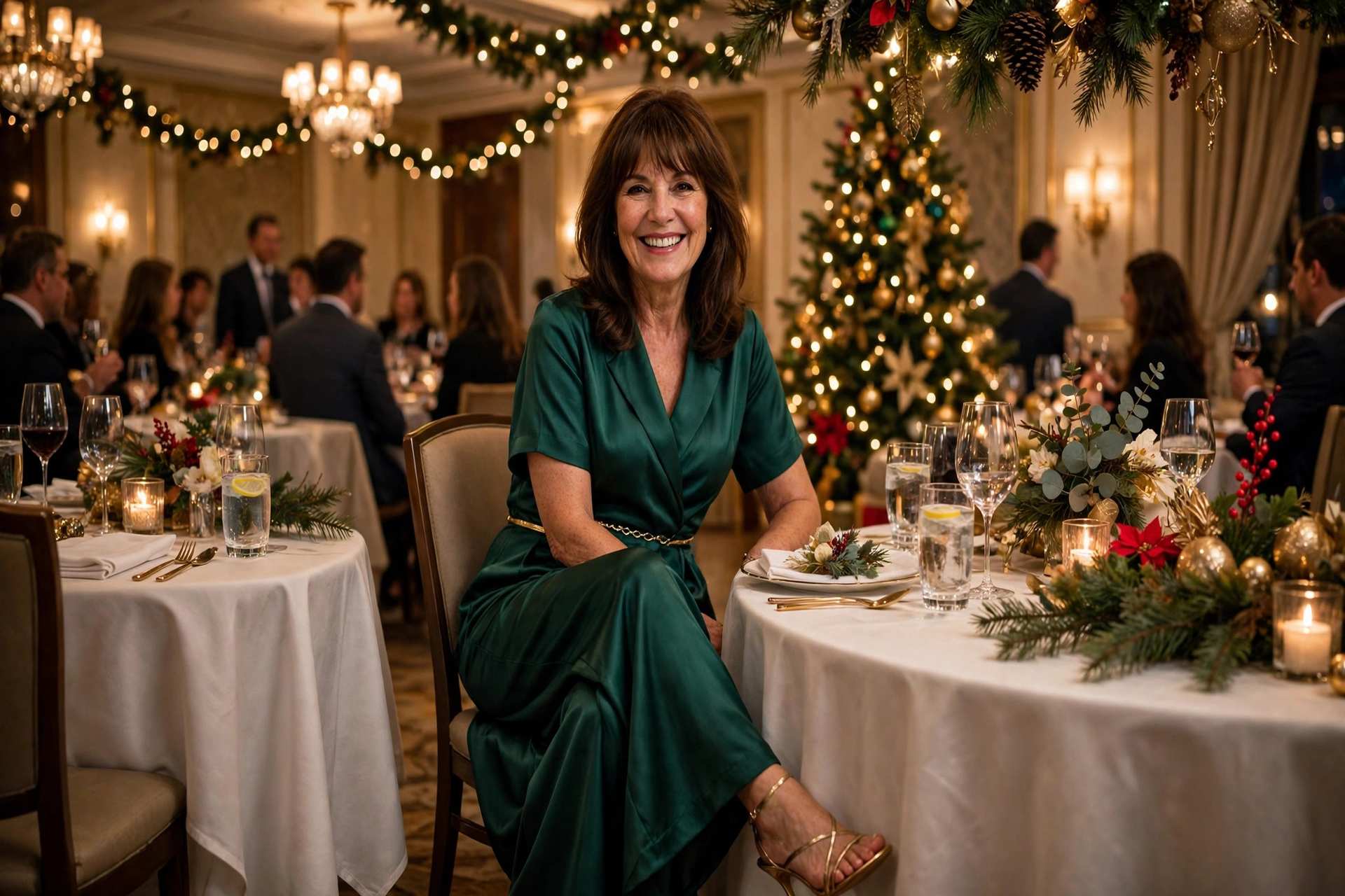 Smiling woman in an emerald green satin jumpsuit with a gold belt at a formal office Christmas dinner