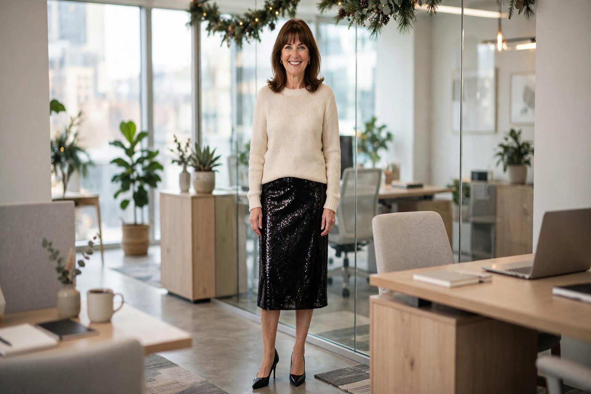 Smiling woman in a black sequin midi skirt with a cream fine-knit sweater and black heels in a bright office