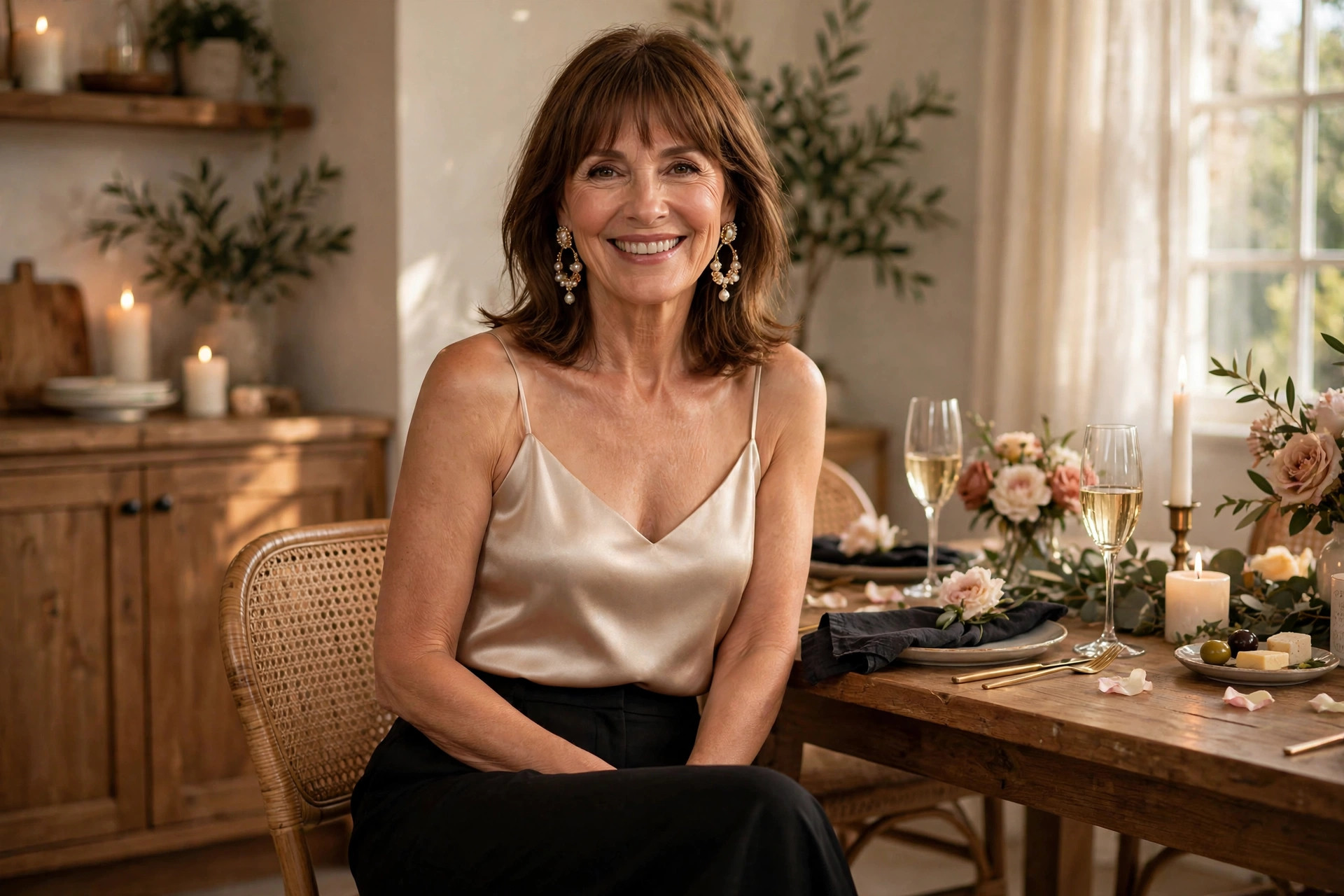 Smiling woman with shoulder-length brown hair and bangs wearing a champagne silk camisole and black trousers at a candlelit home dining table.