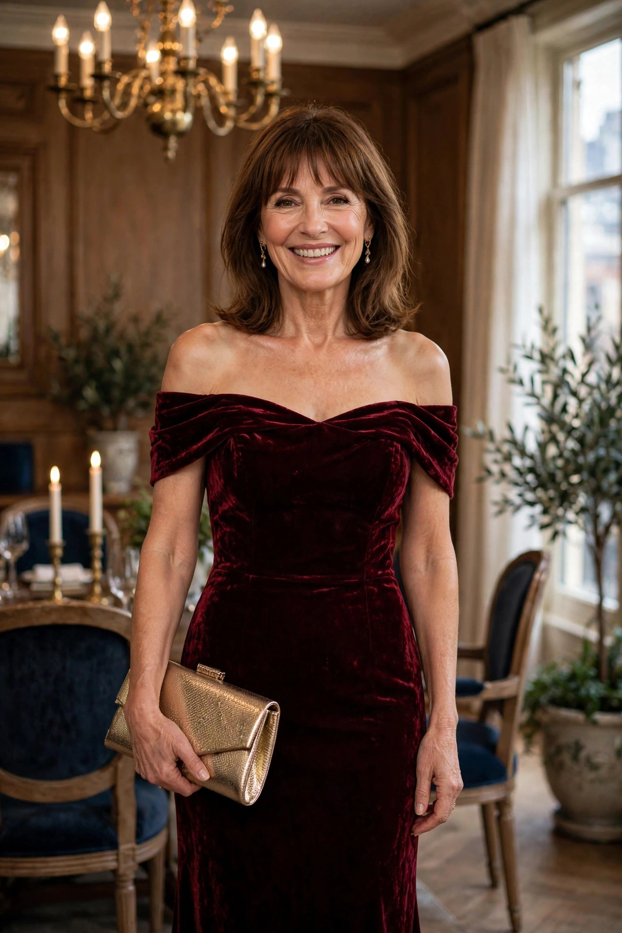 Smiling woman with shoulder-length brown hair and bangs wearing a burgundy velvet off-shoulder gown and holding a gold clutch in an elegant private dining room.