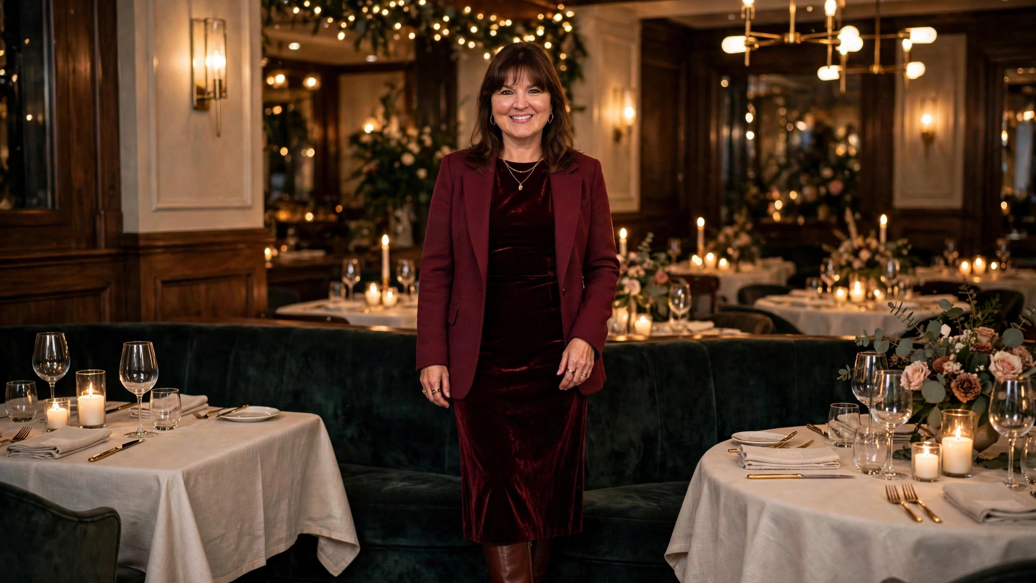 Woman in an elegant anniversary dinner outfit