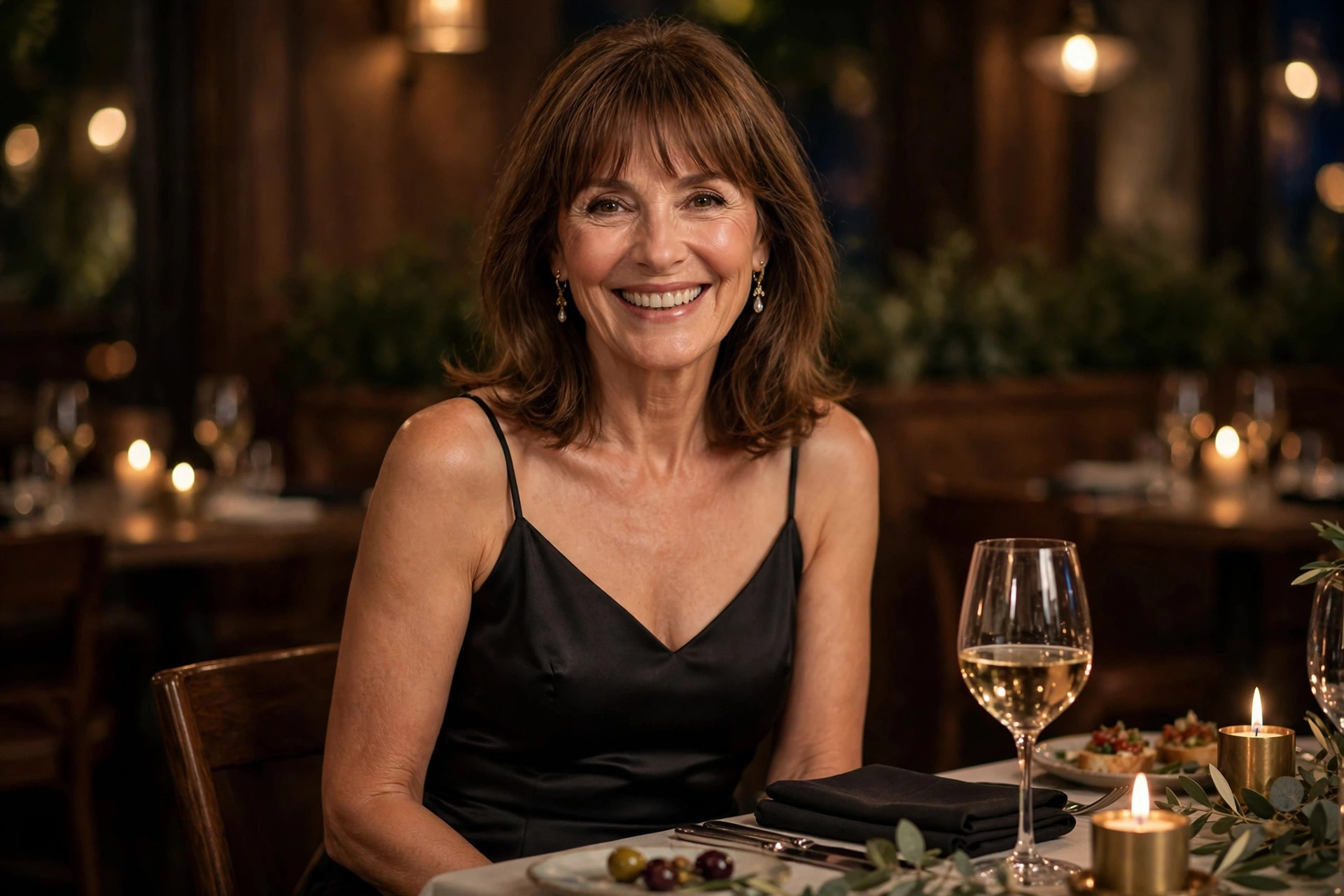 Smiling woman with shoulder-length brown hair and bangs wearing a black satin dress, seated at a candlelit anniversary dinner table with a wine glass.