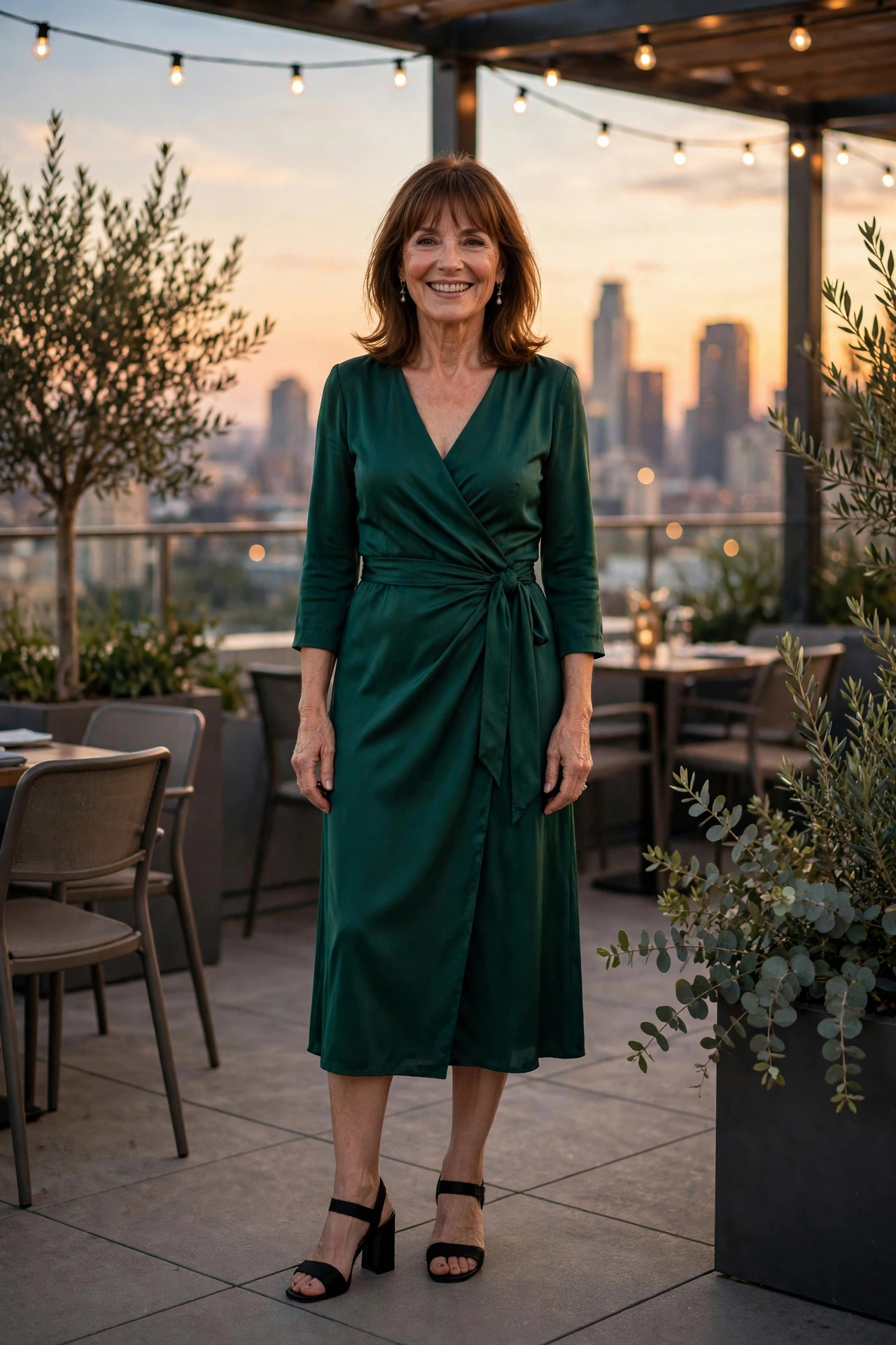 Smiling woman with shoulder-length brown hair and bangs in an emerald green wrap midi dress on a rooftop restaurant terrace at sunset.