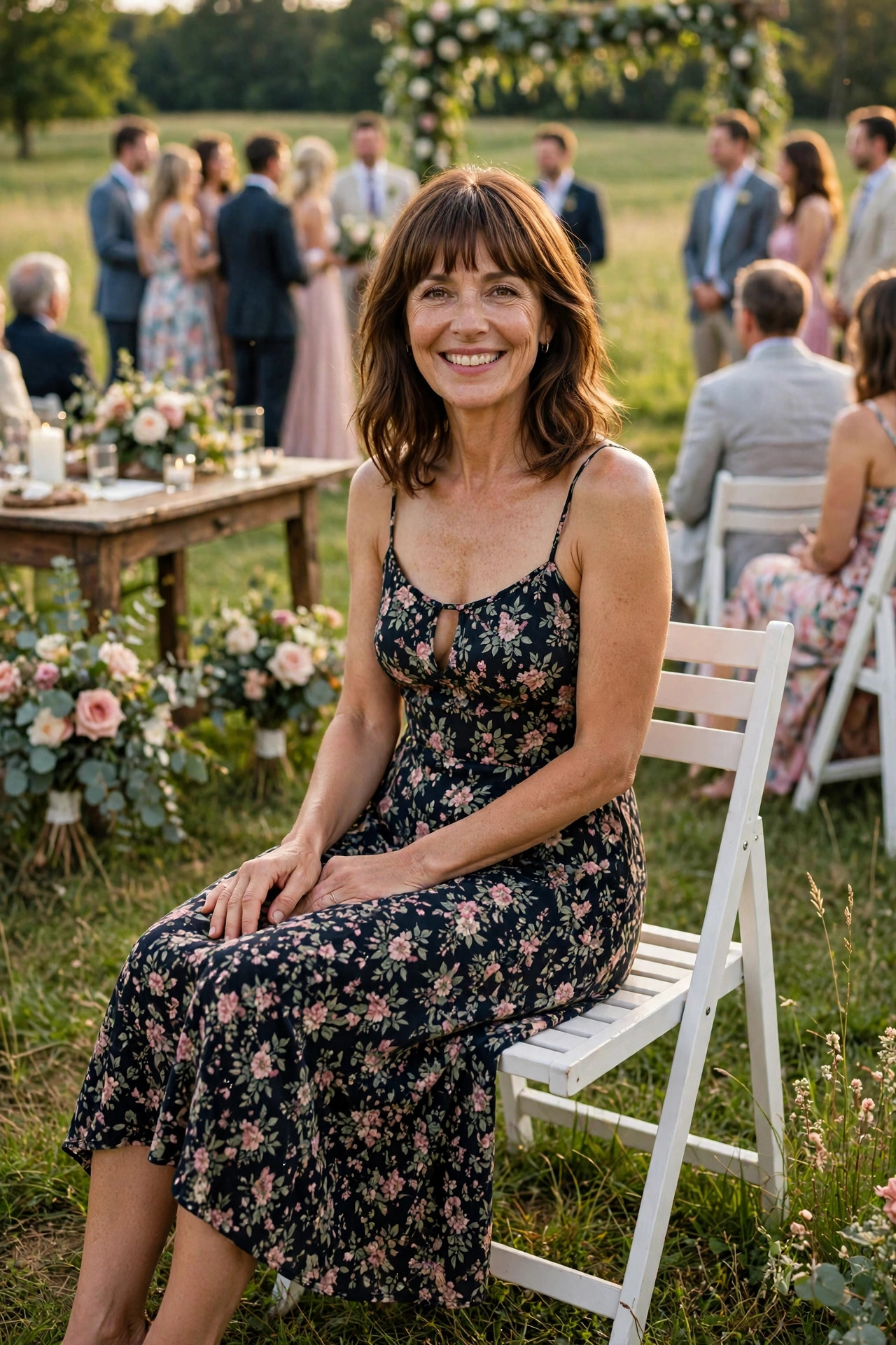 Smiling woman with shoulder-length brown hair and bangs in a floral dress seated among guests at an outdoor backyard wedding ceremony.
