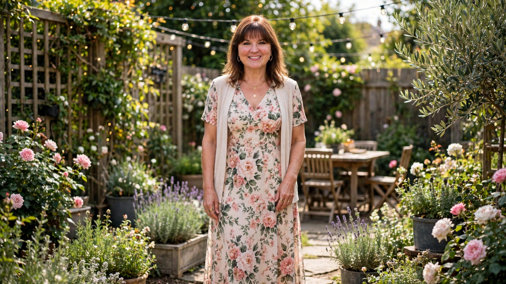 Woman in a floral backyard wedding guest dress