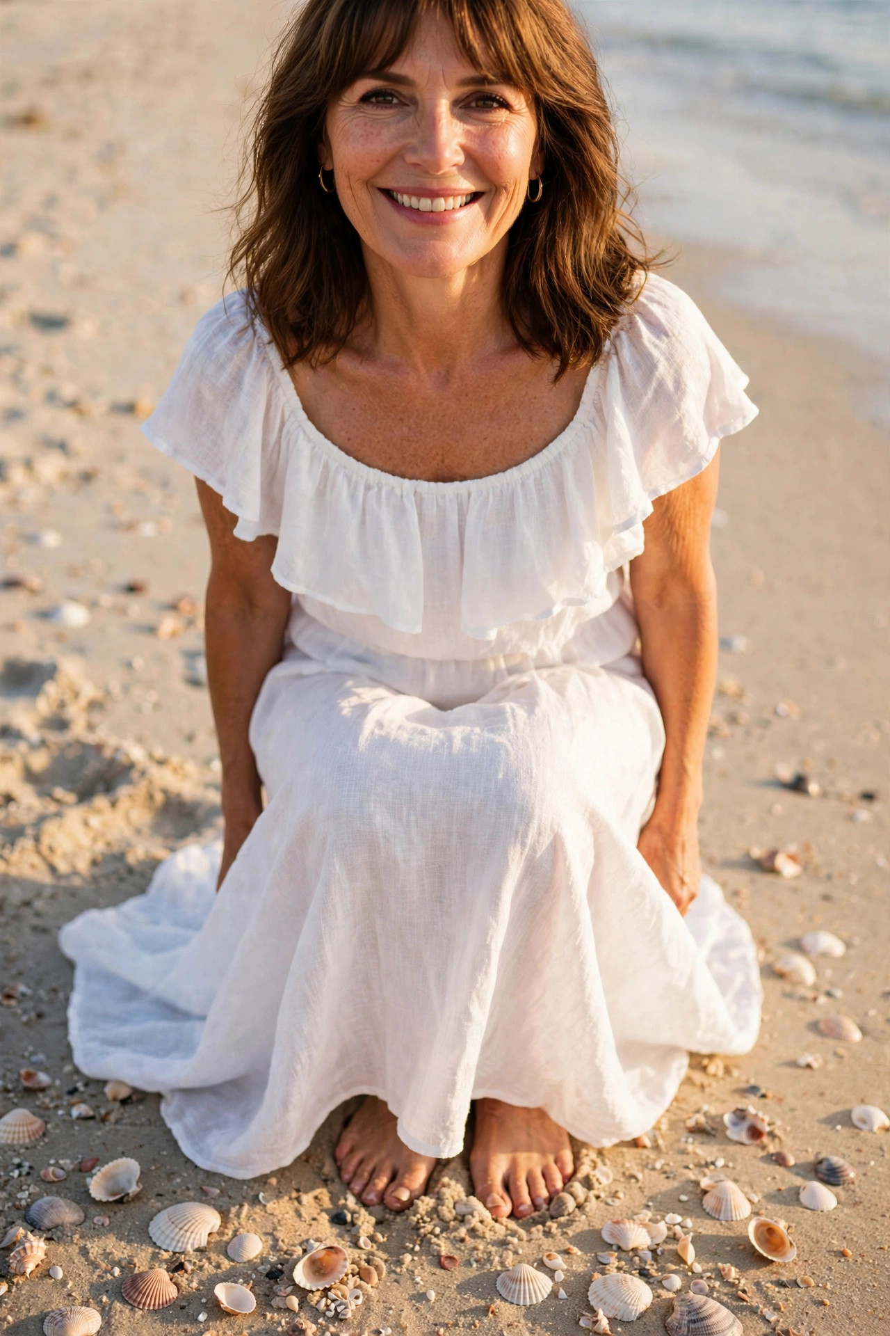 Smiling woman with shoulder-length brown hair and bangs in a white beach dress, sitting barefoot on sand scattered with shells.