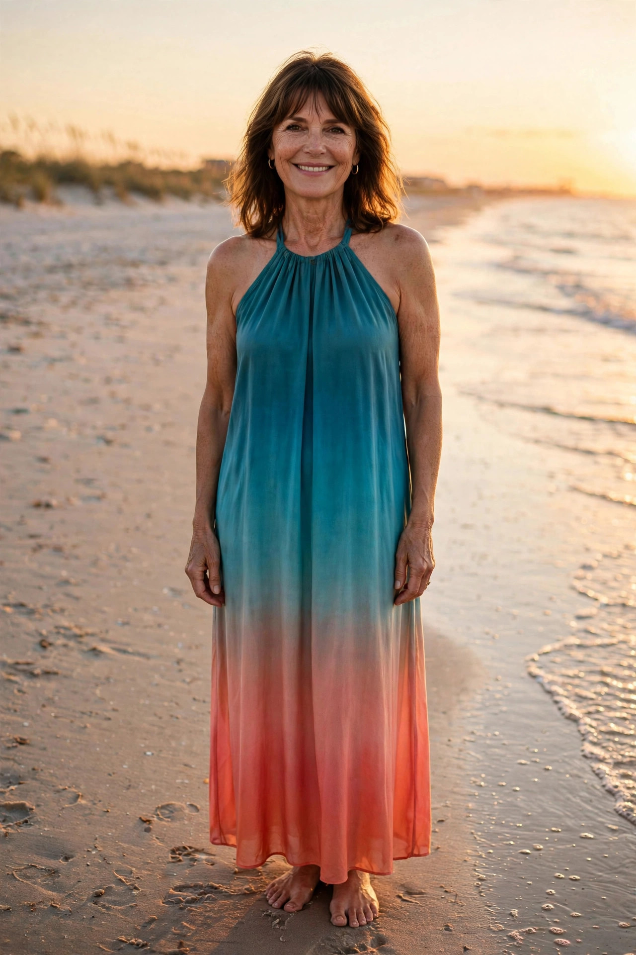 Smiling woman with shoulder-length brown hair and bangs wearing a teal-to-coral ombre halter maxi dress, standing barefoot on a beach at sunset.
