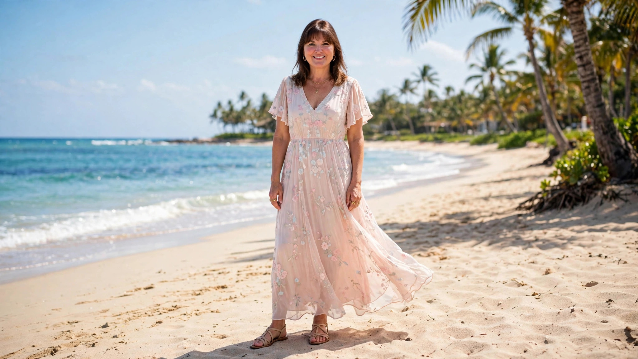 Woman in a breezy beach wedding guest outfit