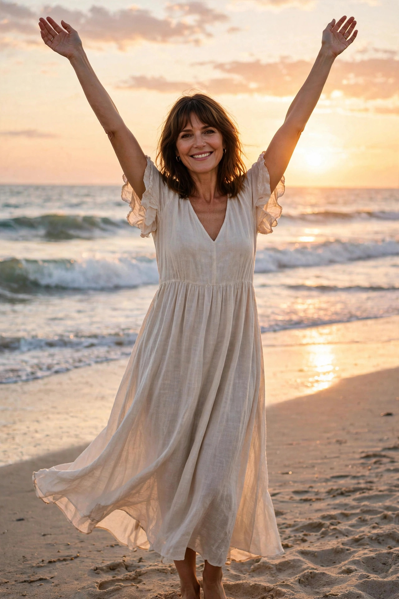 Smiling woman with shoulder-length brown hair and bangs in a flowing cream dress with arms raised on a beach at sunset.