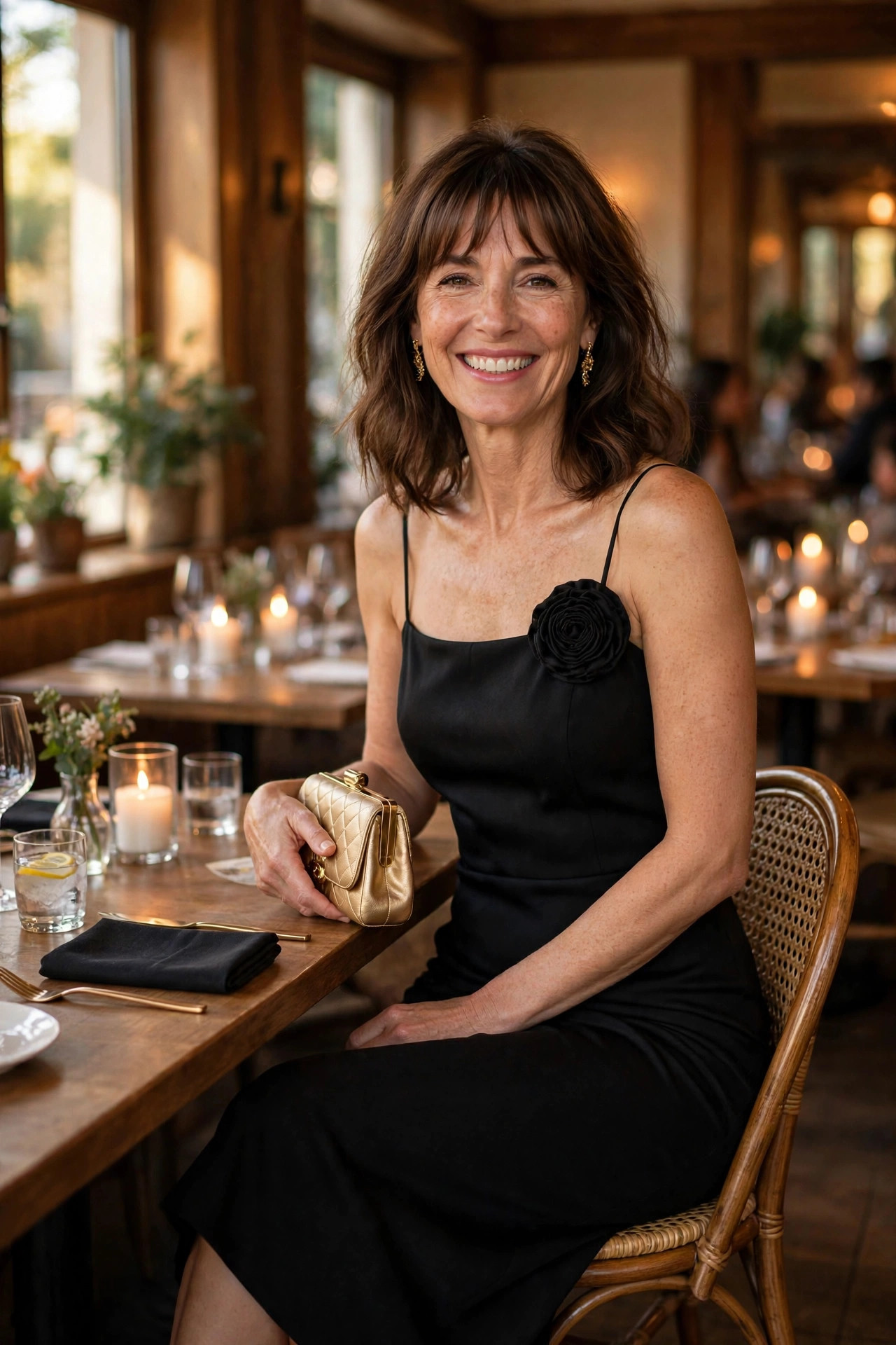 Smiling woman with shoulder-length brown hair and bangs wearing a black dress with a rosette detail and gold earrings, seated at a restaurant table.