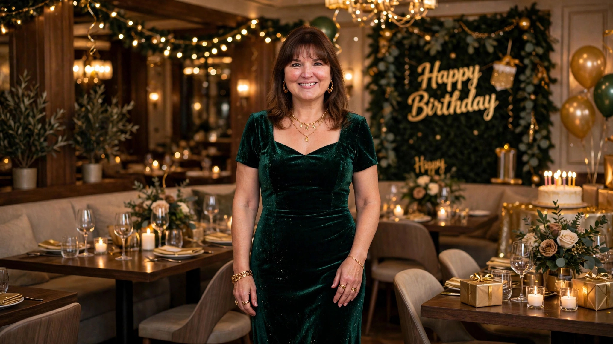 Woman in a chic birthday dinner outfit