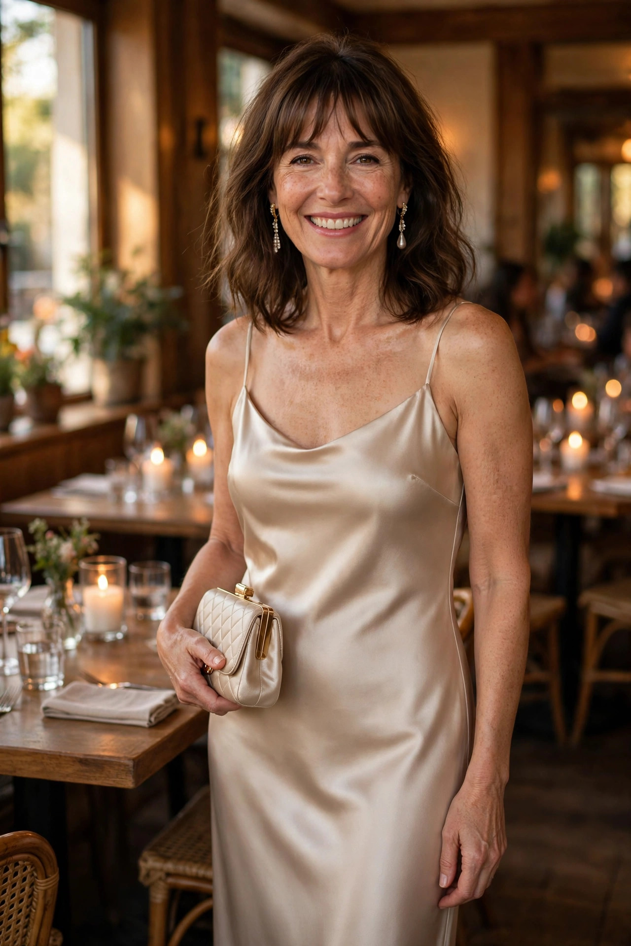 Smiling woman with shoulder-length brown hair and bangs wearing a champagne satin slip dress and holding a small clutch in a candlelit restaurant.