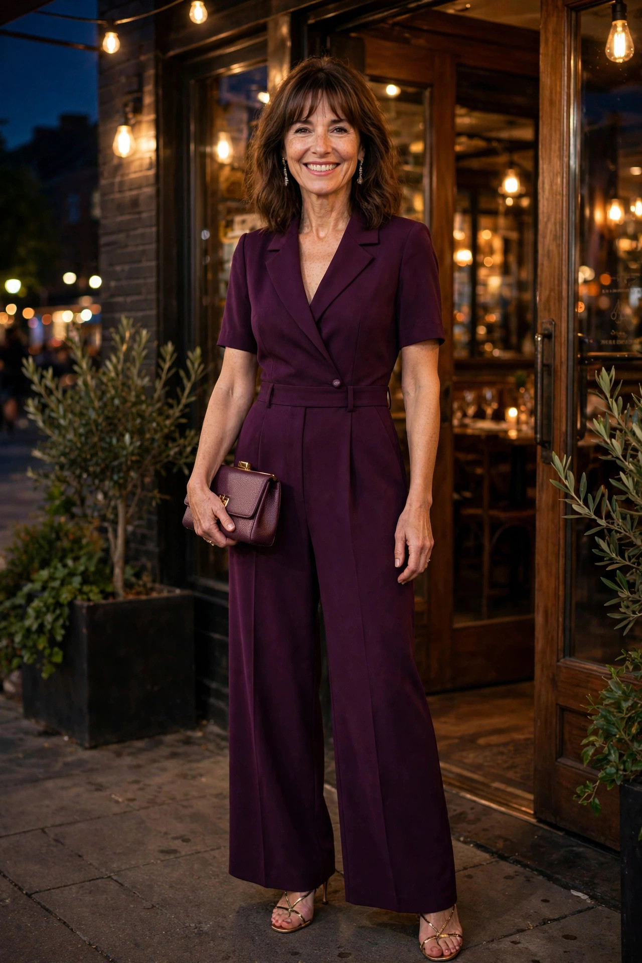 Smiling woman with shoulder-length brown hair and bangs wearing a plum wide-leg tailored jumpsuit outside a restaurant entrance at night.