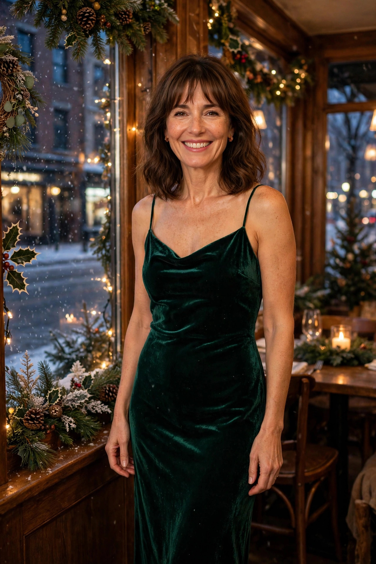 Smiling woman with shoulder-length brown hair and bangs wearing an emerald green velvet midi dress by a decorated restaurant window on a snowy evening.