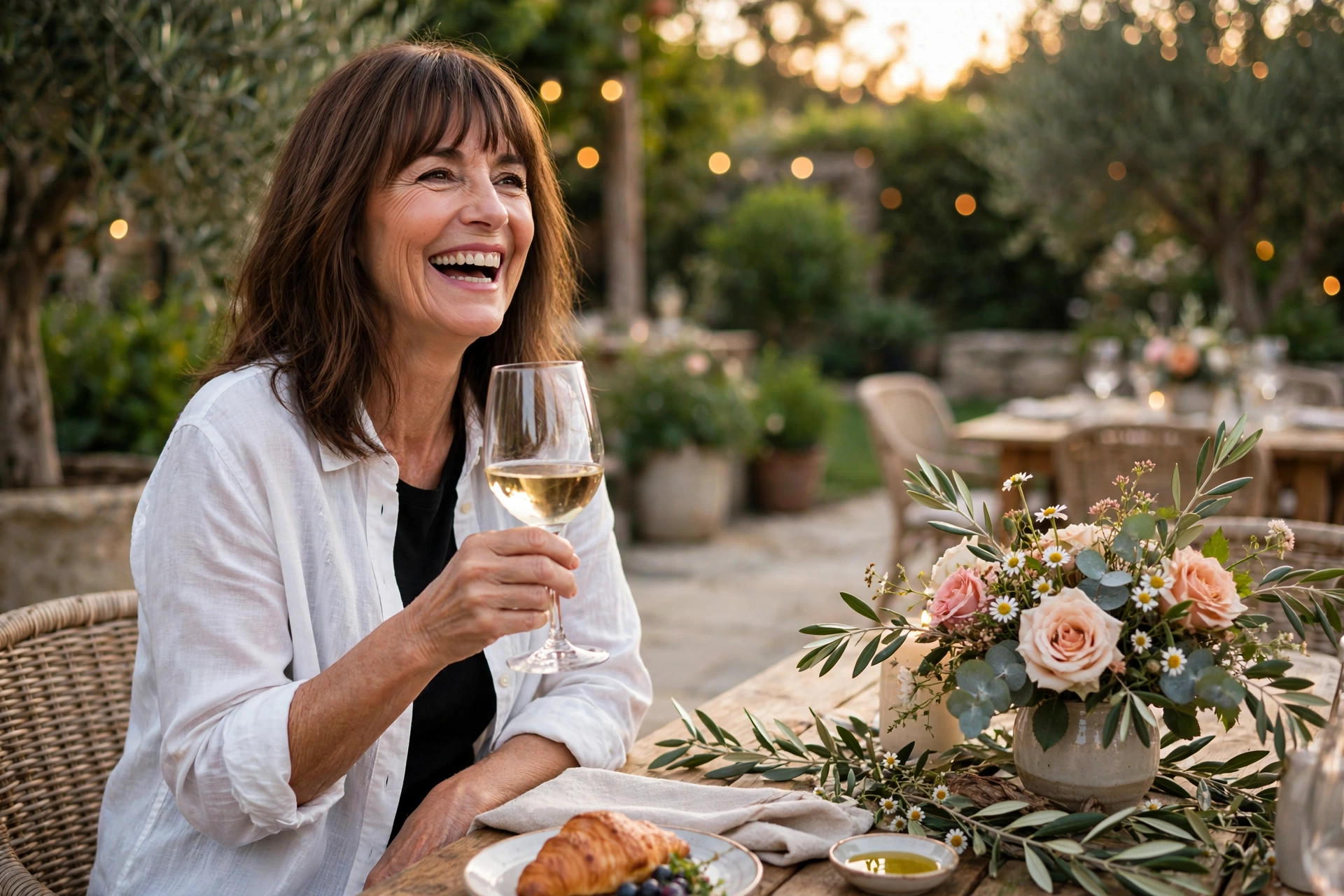 Laughing woman with shoulder-length brown hair and bangs in a white shirt over a black top, holding a wine glass at an outdoor birthday brunch table with flowers.