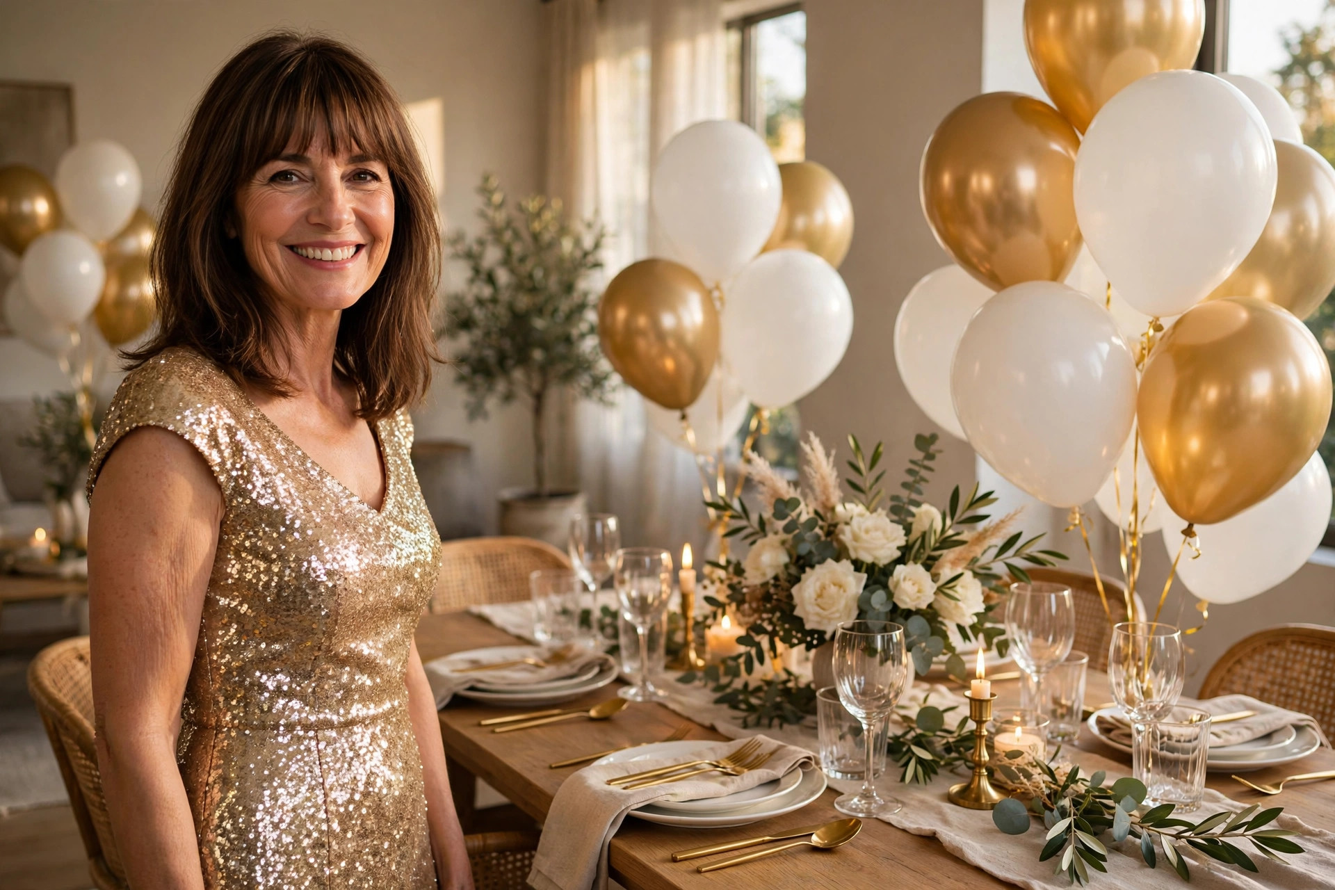 Smiling woman with shoulder-length brown hair and bangs wearing a gold sequin birthday party dress beside a dinner table with white and gold balloons.