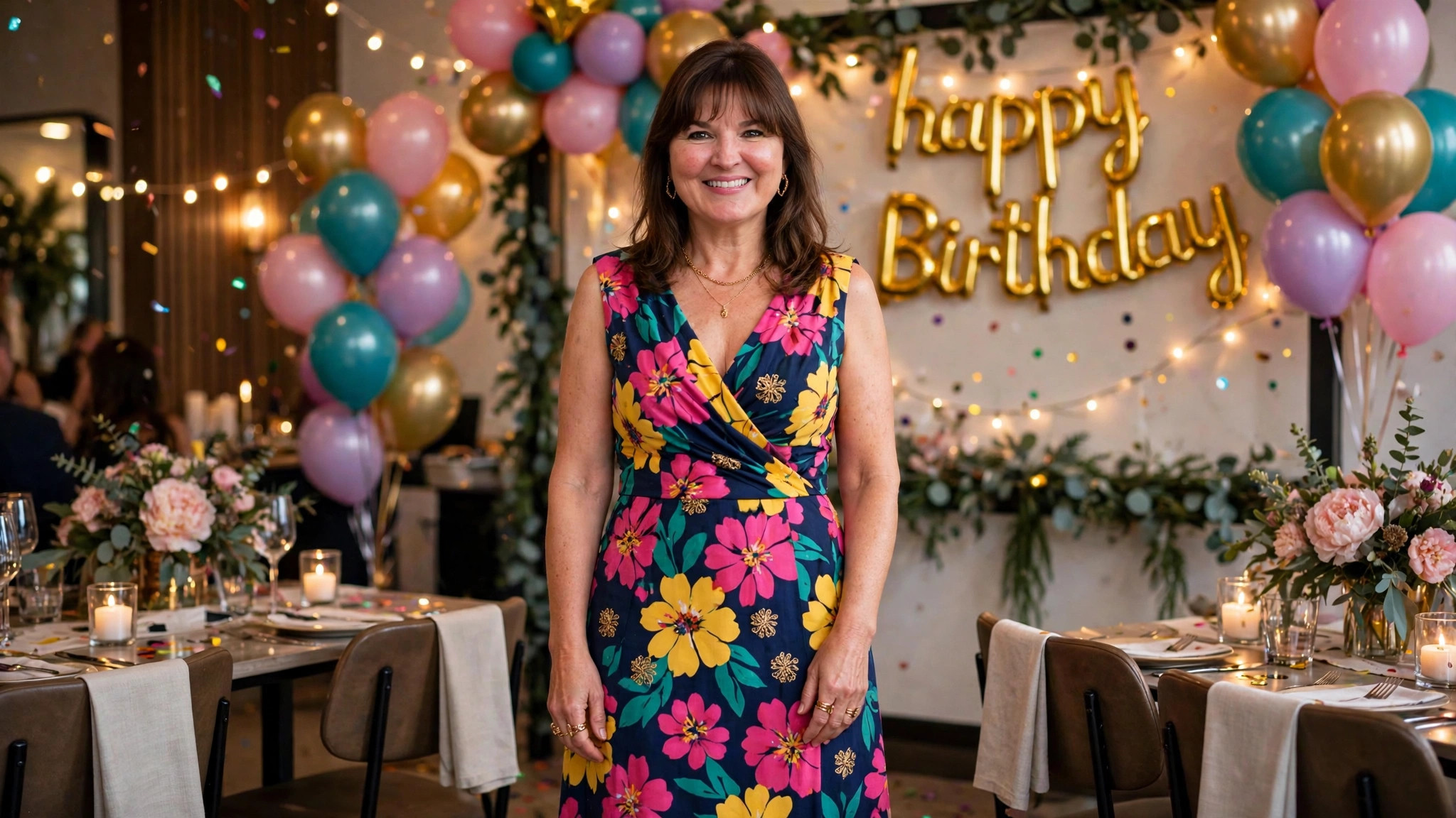 Woman in a fun birthday party outfit