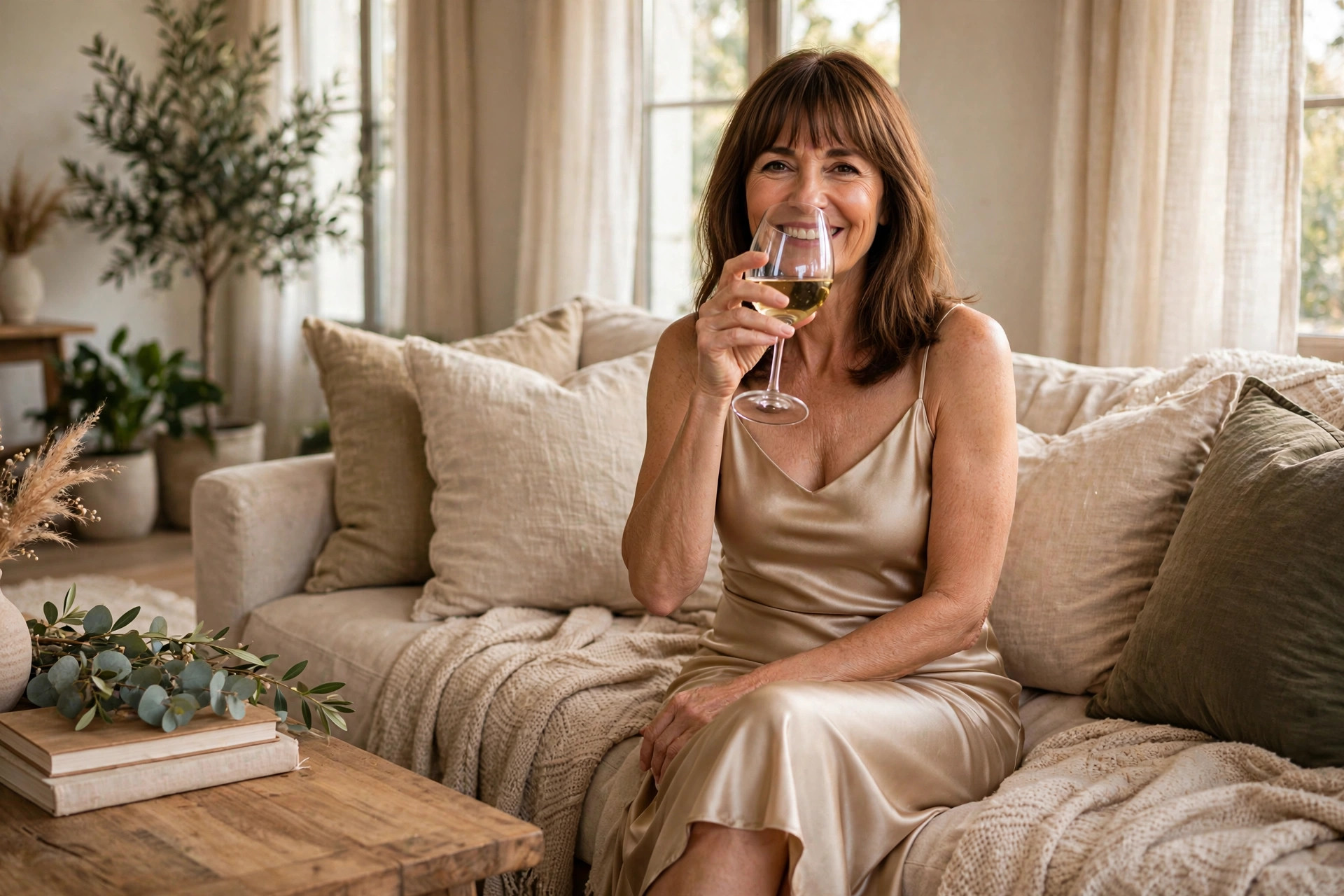 Smiling woman with shoulder-length brown hair and bangs in a satin slip dress, sipping wine on a couch at a cozy birthday house party.