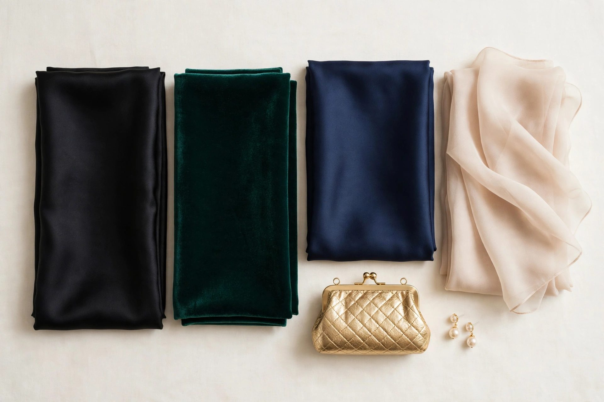 Black satin, emerald velvet, navy silk and champagne chiffon fabric swatches with a gold clutch and pearl earrings, black tie dress code colors and fabrics