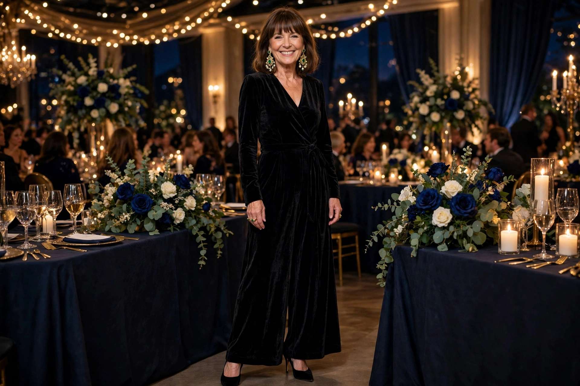 Smiling woman with shoulder-length brown hair and bangs wearing a black velvet wide-leg jumpsuit at a black tie event