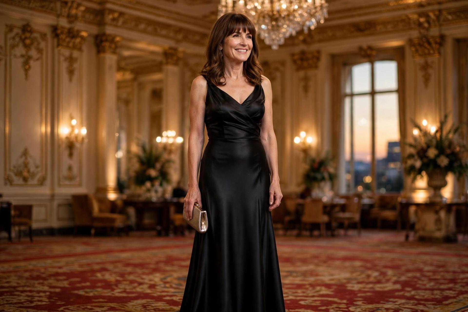 Smiling woman with shoulder-length brown hair and bangs wearing a black satin floor-length gown, a black tie optional dress code outfit for an evening event