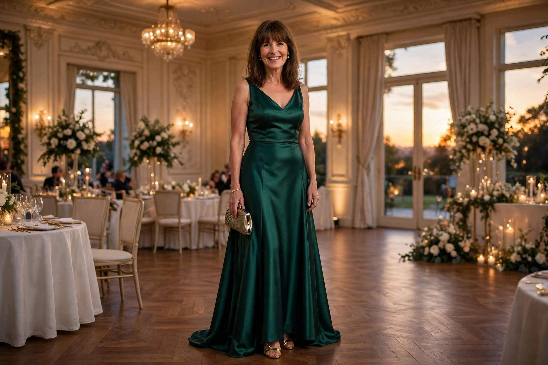 Woman in a floor-length emerald satin gown with a small metallic clutch at a formal evening wedding, a black tie optional dress code outfit