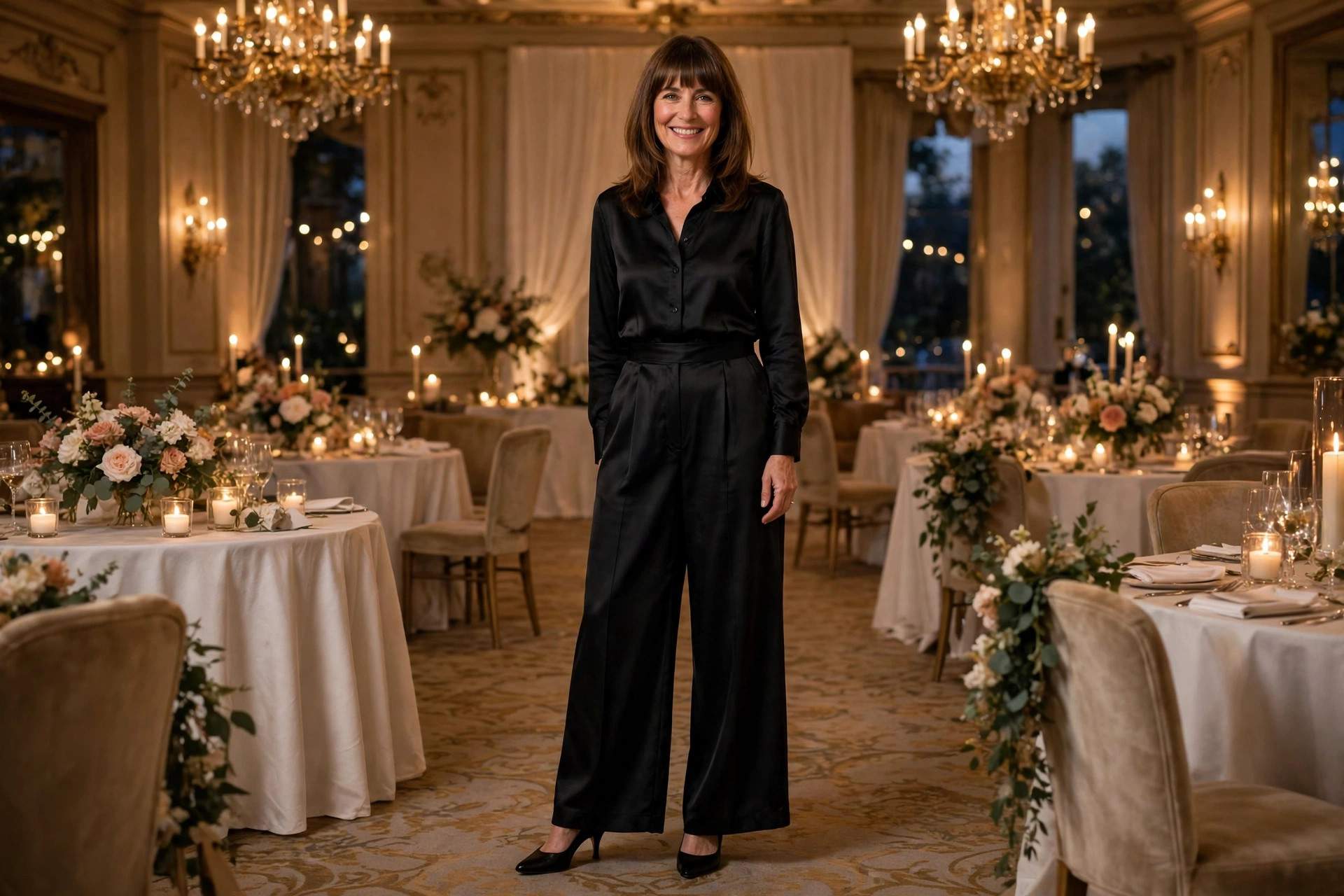 Smiling woman with shoulder-length brown hair and bangs wearing a black wide-leg satin jumpsuit with heels at a black tie optional event