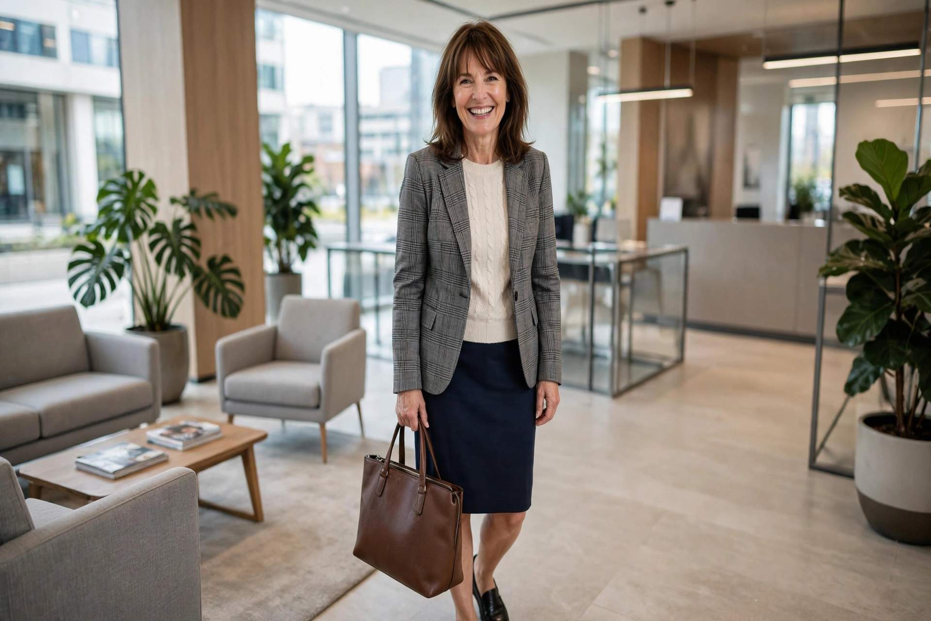 Smiling woman with shoulder-length brown hair and bangs wearing a grey plaid blazer, cream knit top and navy pencil skirt with a brown leather tote, a business casual dress code outfit