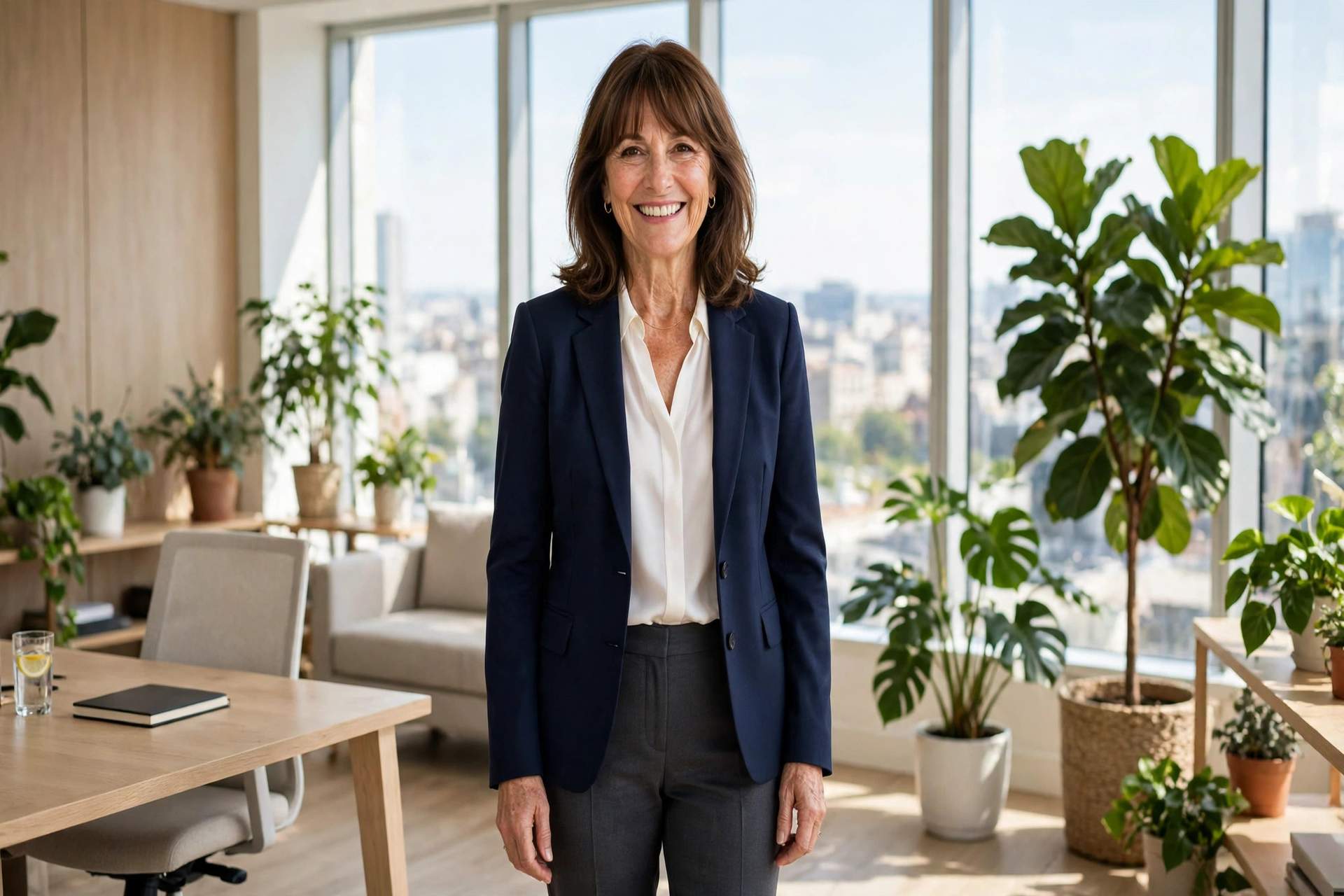 Smiling woman with shoulder-length brown hair and bangs wearing a navy blazer, white silk blouse and charcoal tailored trousers, a business casual dress code outfit for the office