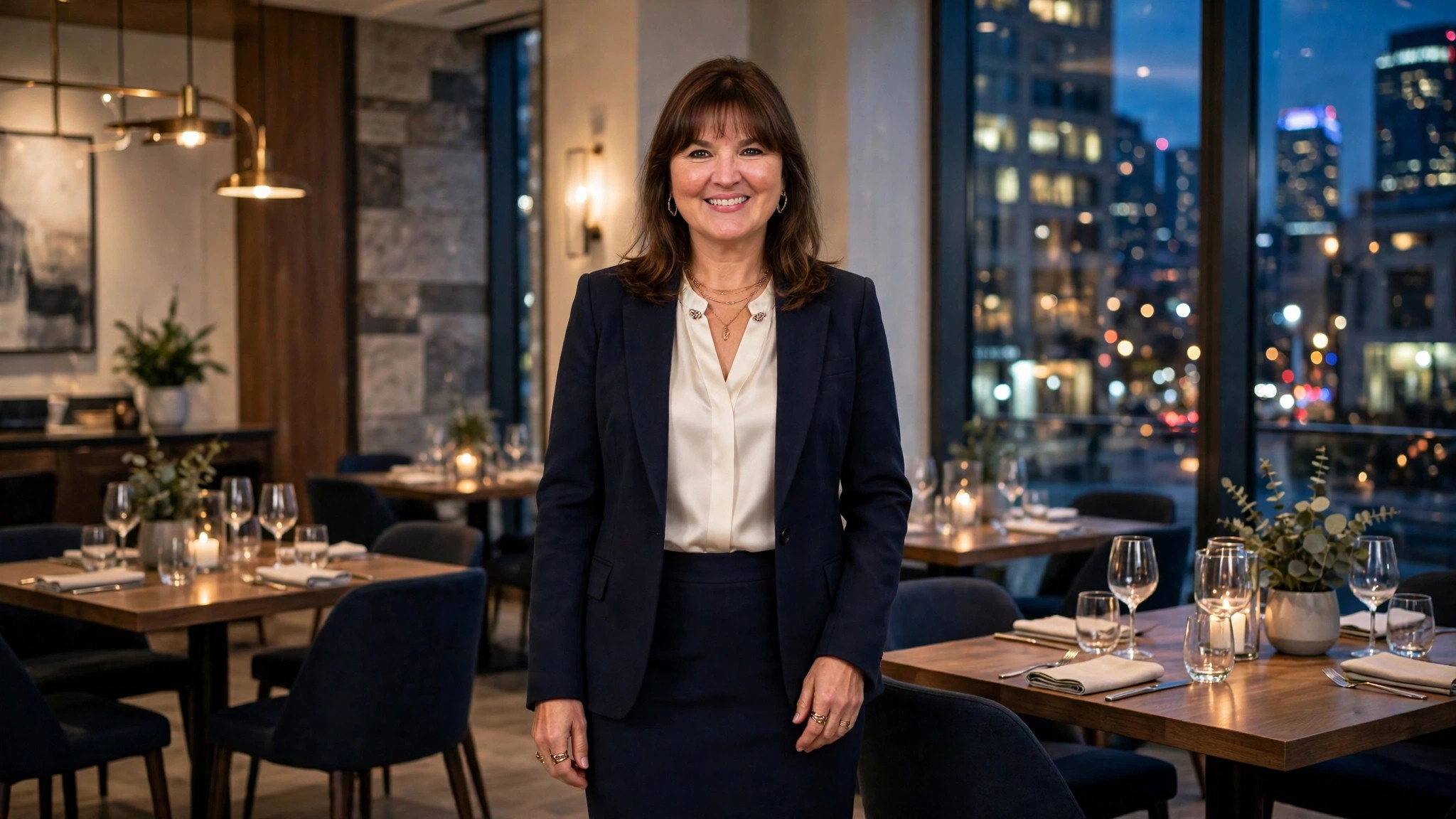 Woman in a polished business dinner outfit