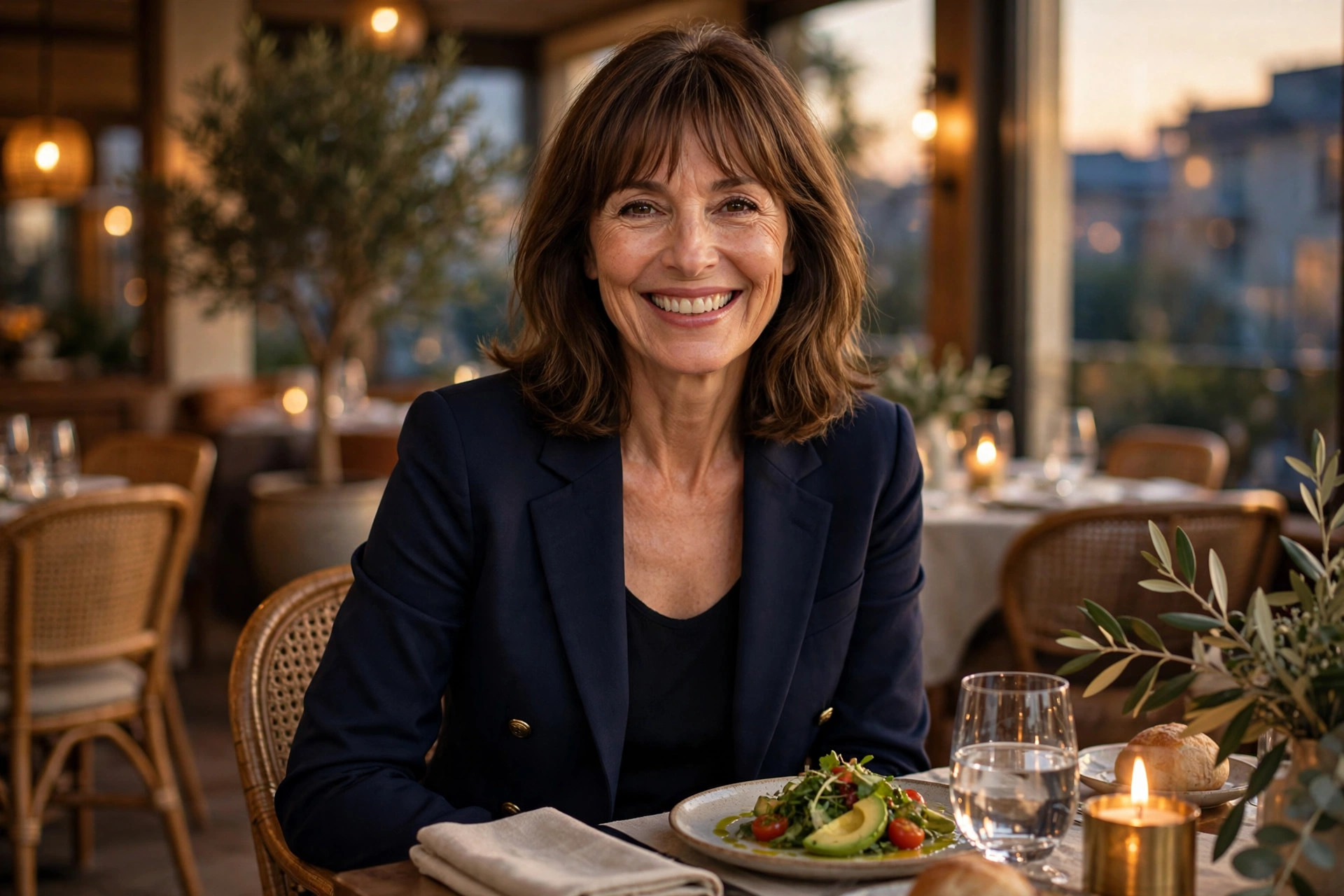 Smiling woman with shoulder-length brown hair and bangs wearing a navy blazer business dinner outfit, seated at a restaurant table.