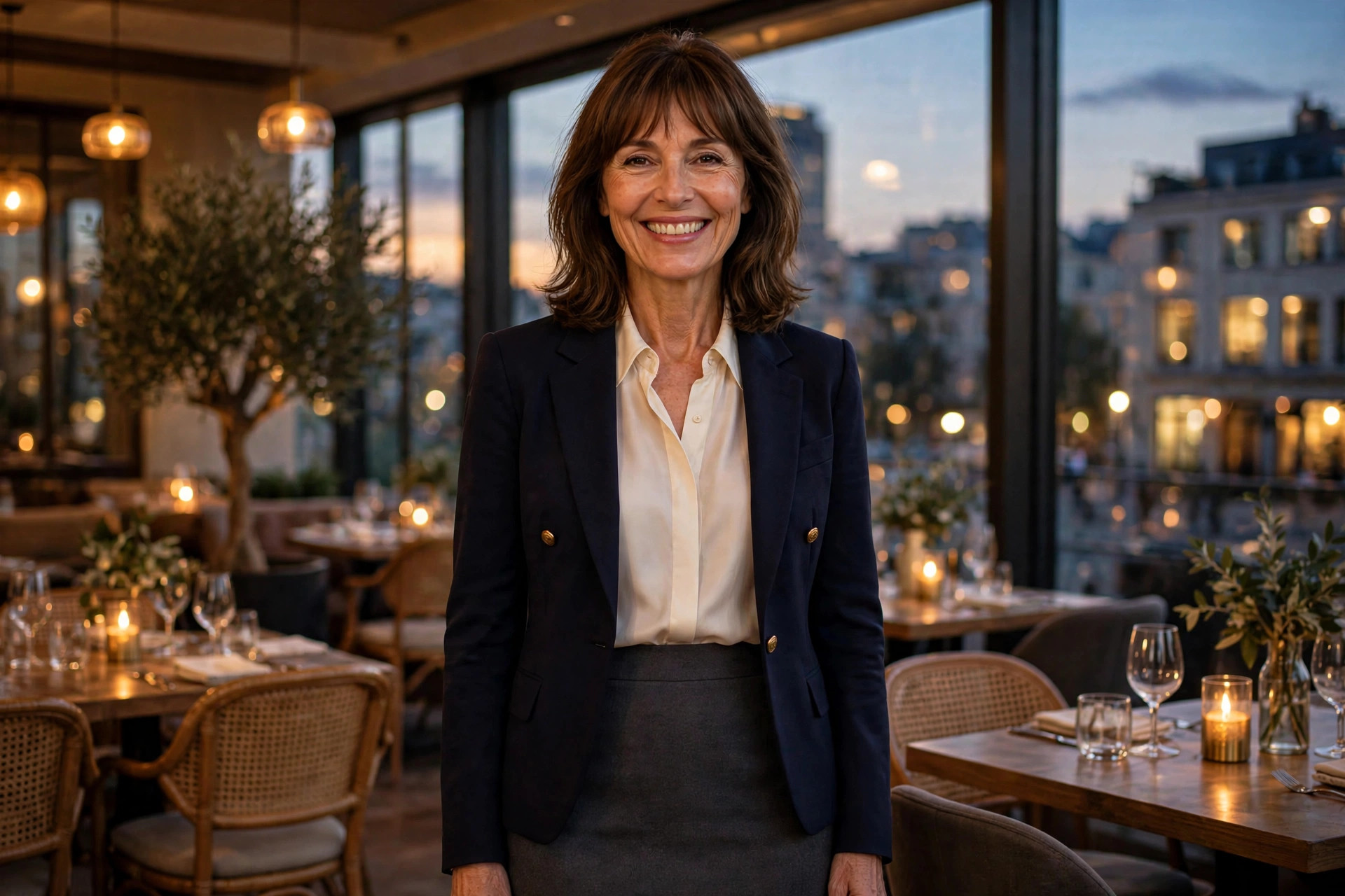 Smiling woman with shoulder-length brown hair and bangs wearing a navy blazer, cream blouse, and grey pencil skirt in a city restaurant at dusk.