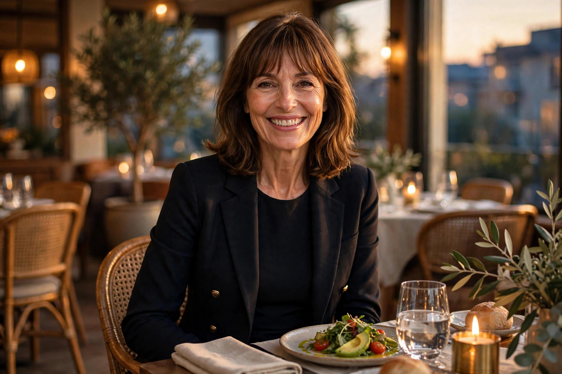 Smiling woman with shoulder-length brown hair and bangs wearing a black blazer and sheath dress at a business dinner table.