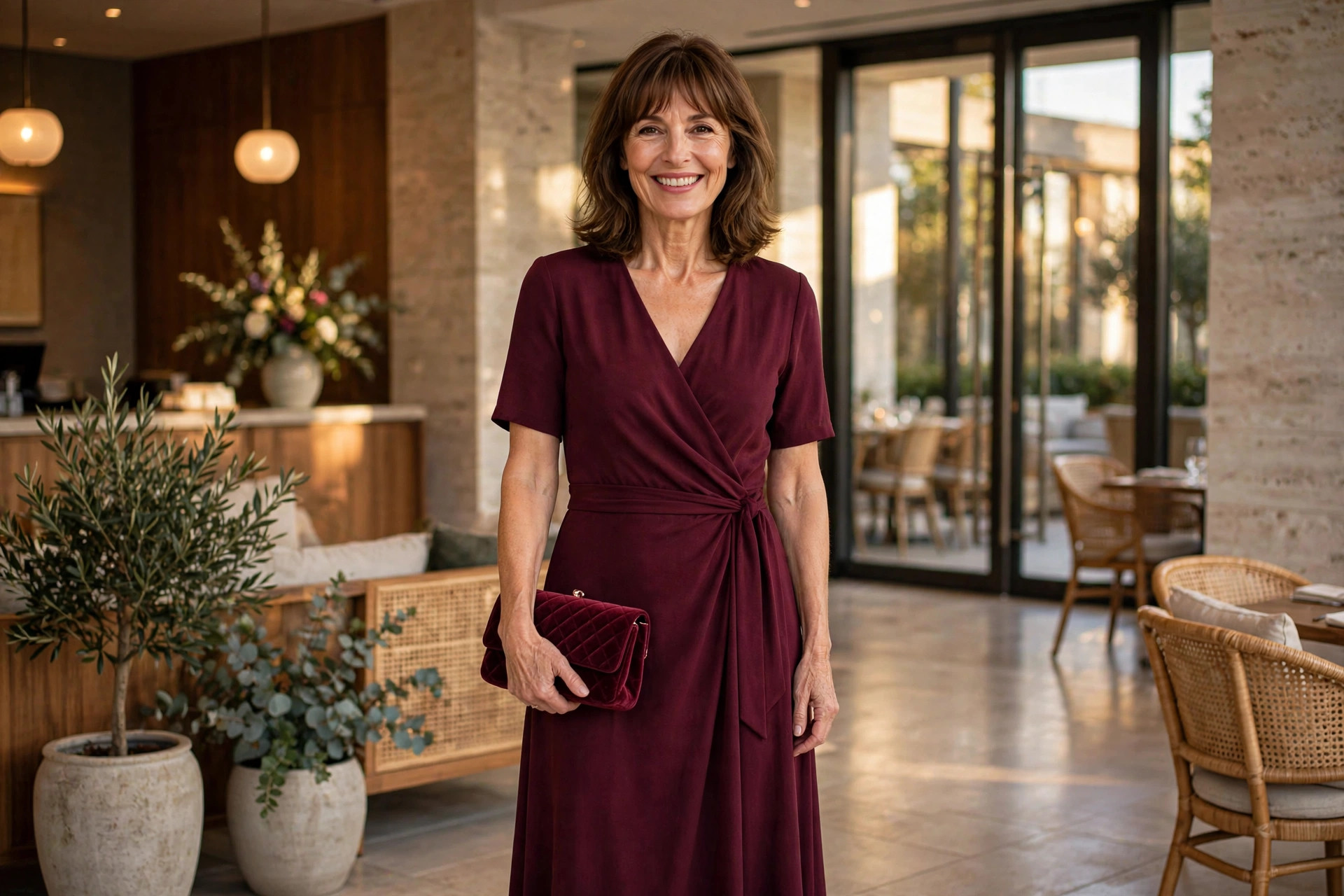 Smiling woman with shoulder-length brown hair and bangs wearing a burgundy wrap midi dress and holding a clutch in a restaurant lobby.